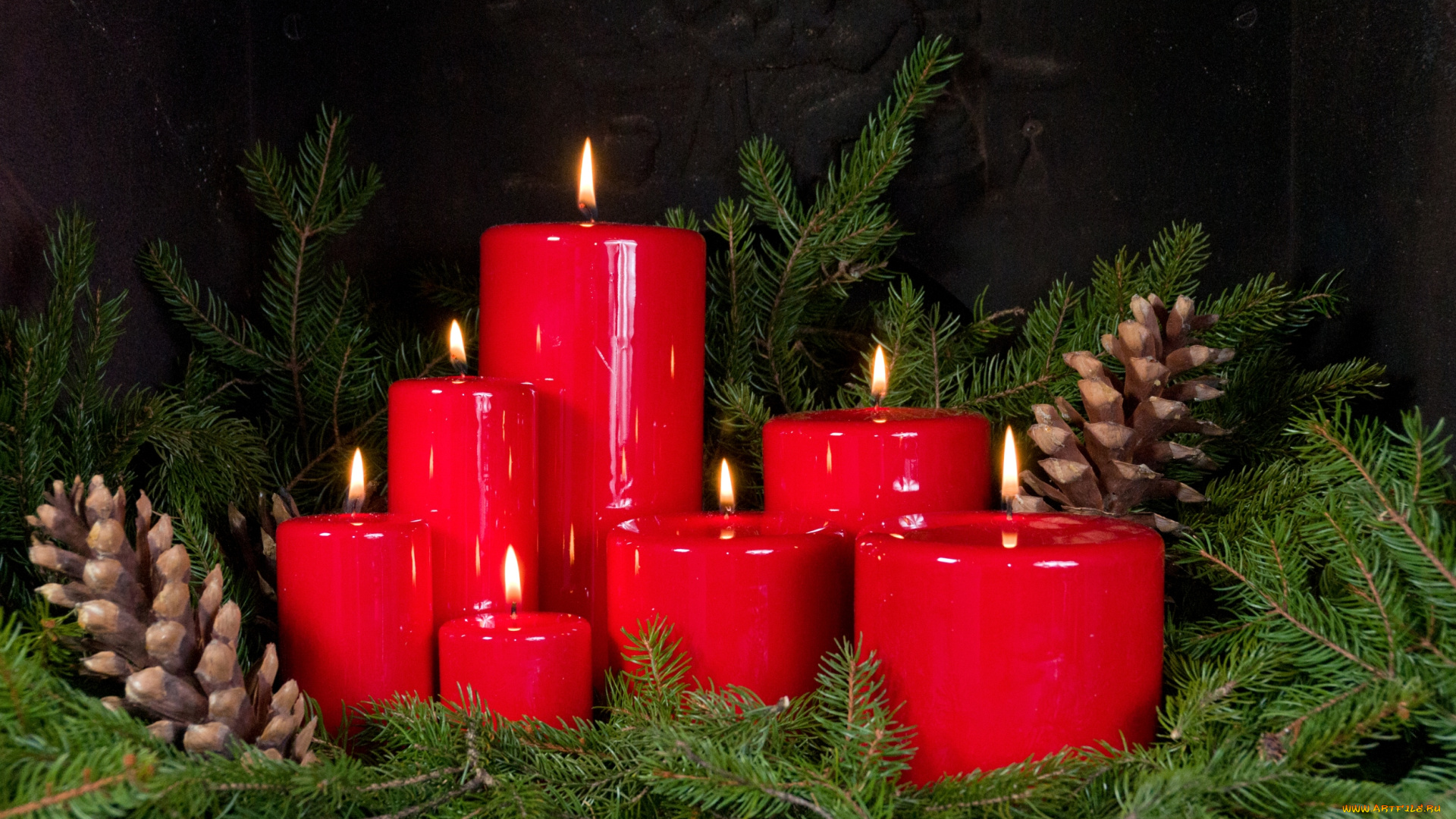 праздничные, новогодние, свечи, шишки, хвоя, пламя