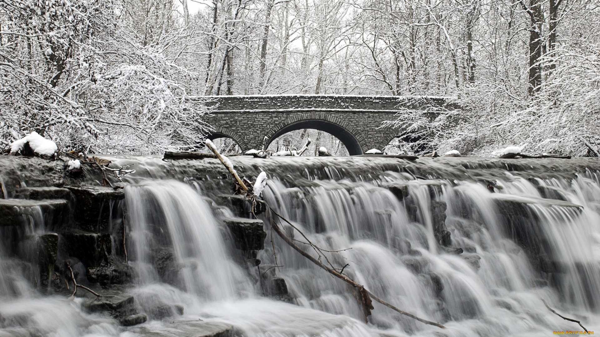 природа, водопады, мост, деревья, иней, вода