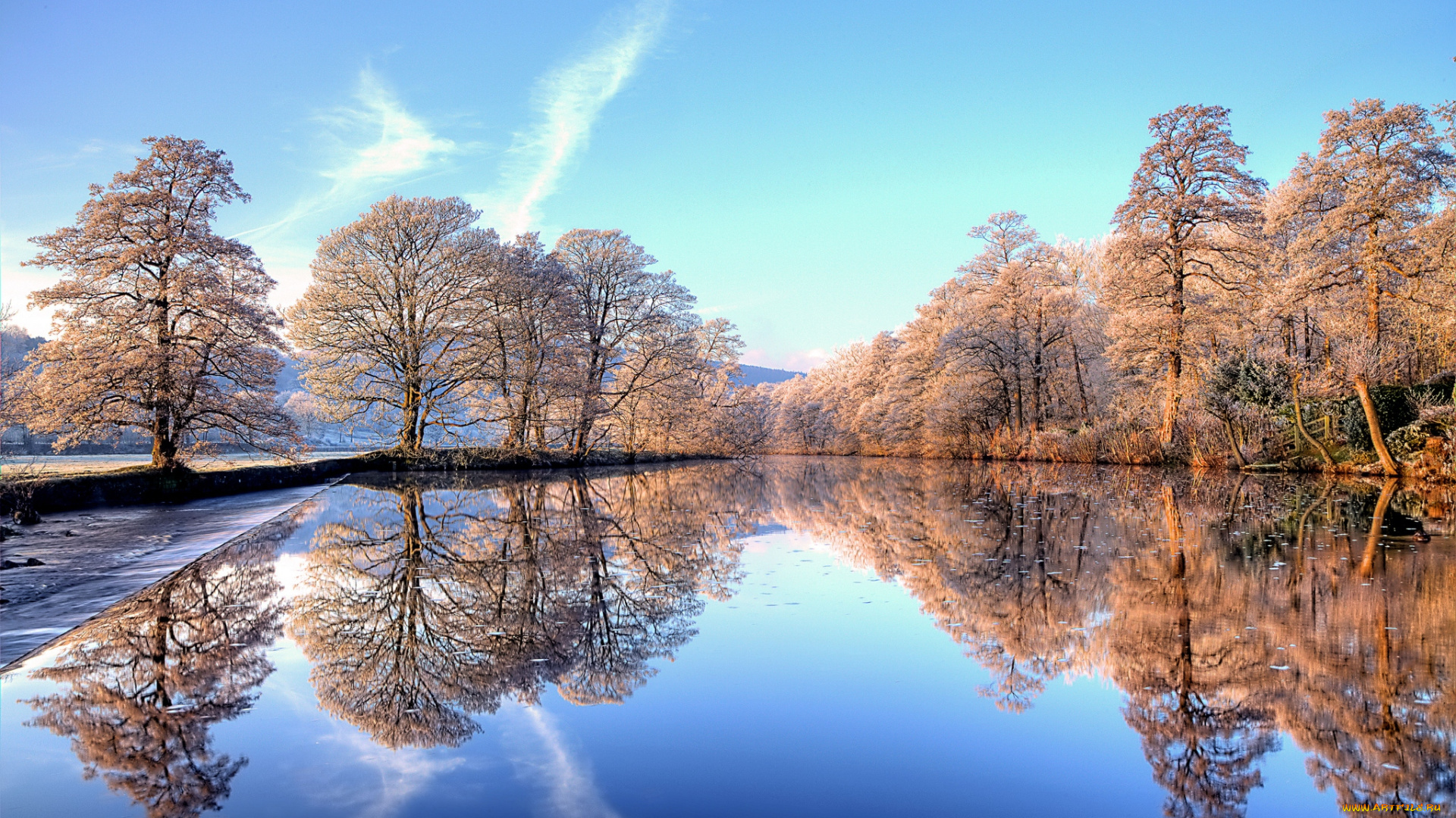 природа, зима, вода, иней, отражение