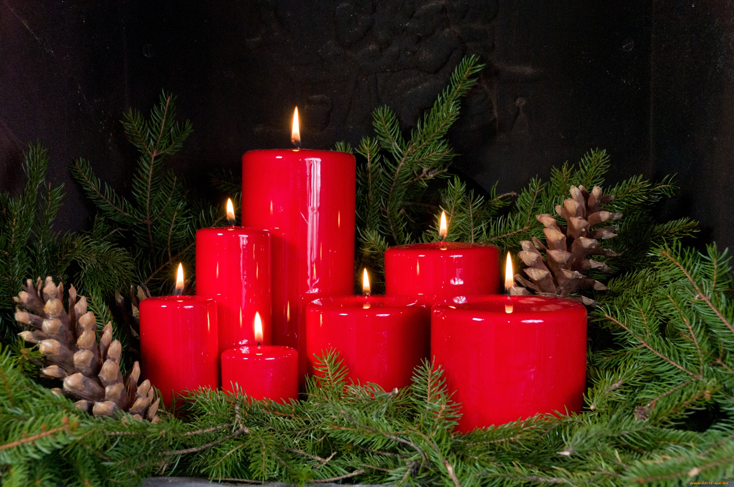праздничные, новогодние, свечи, шишки, хвоя, пламя