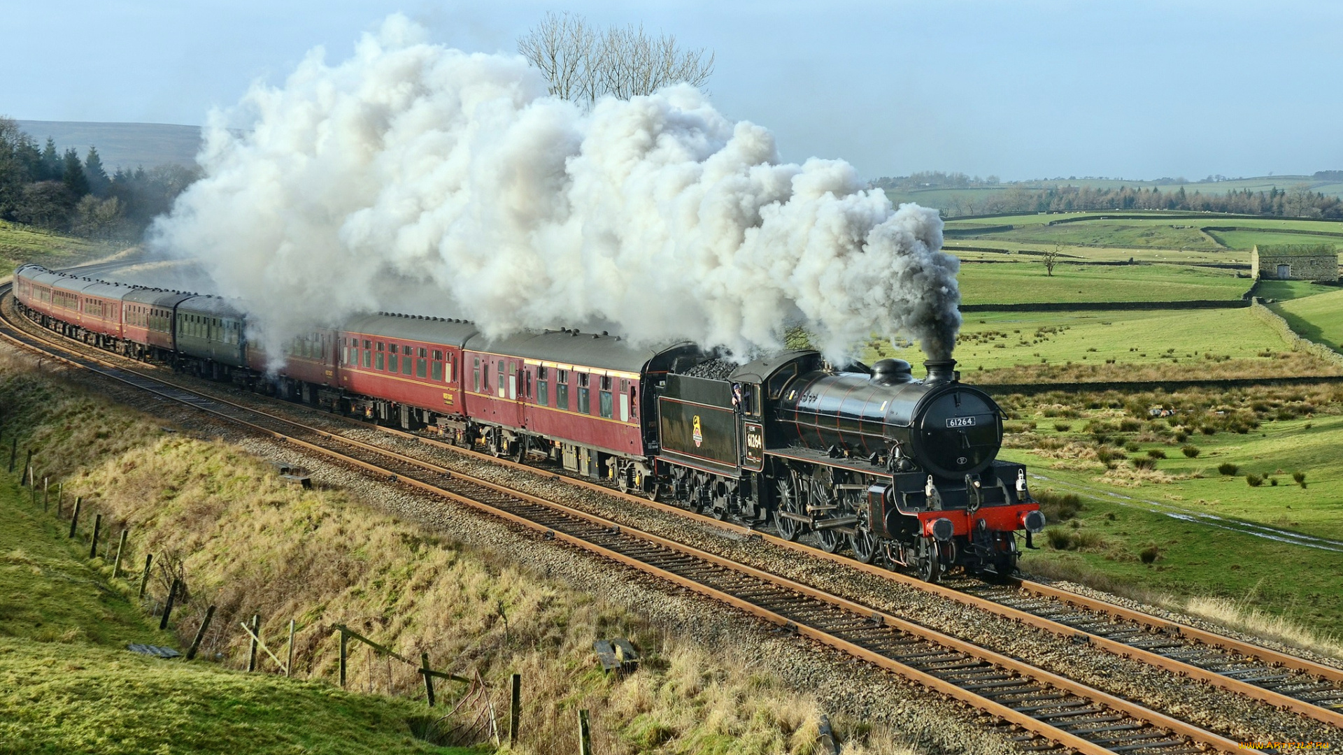 техника, паровозы, состав, паровоз, железка, насыпь, равнина, пассажирский, дым
