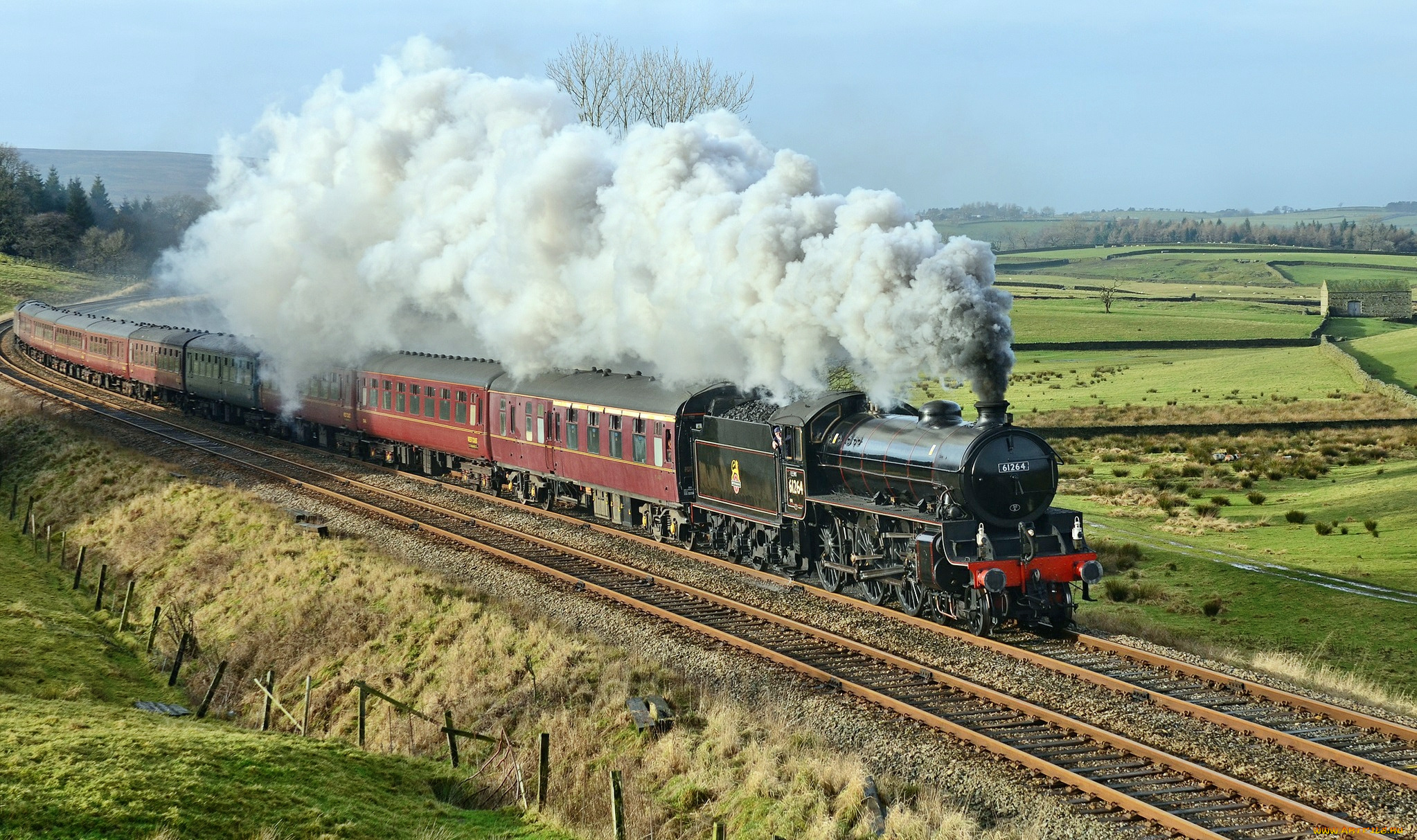 техника, паровозы, состав, паровоз, железка, насыпь, равнина, пассажирский, дым