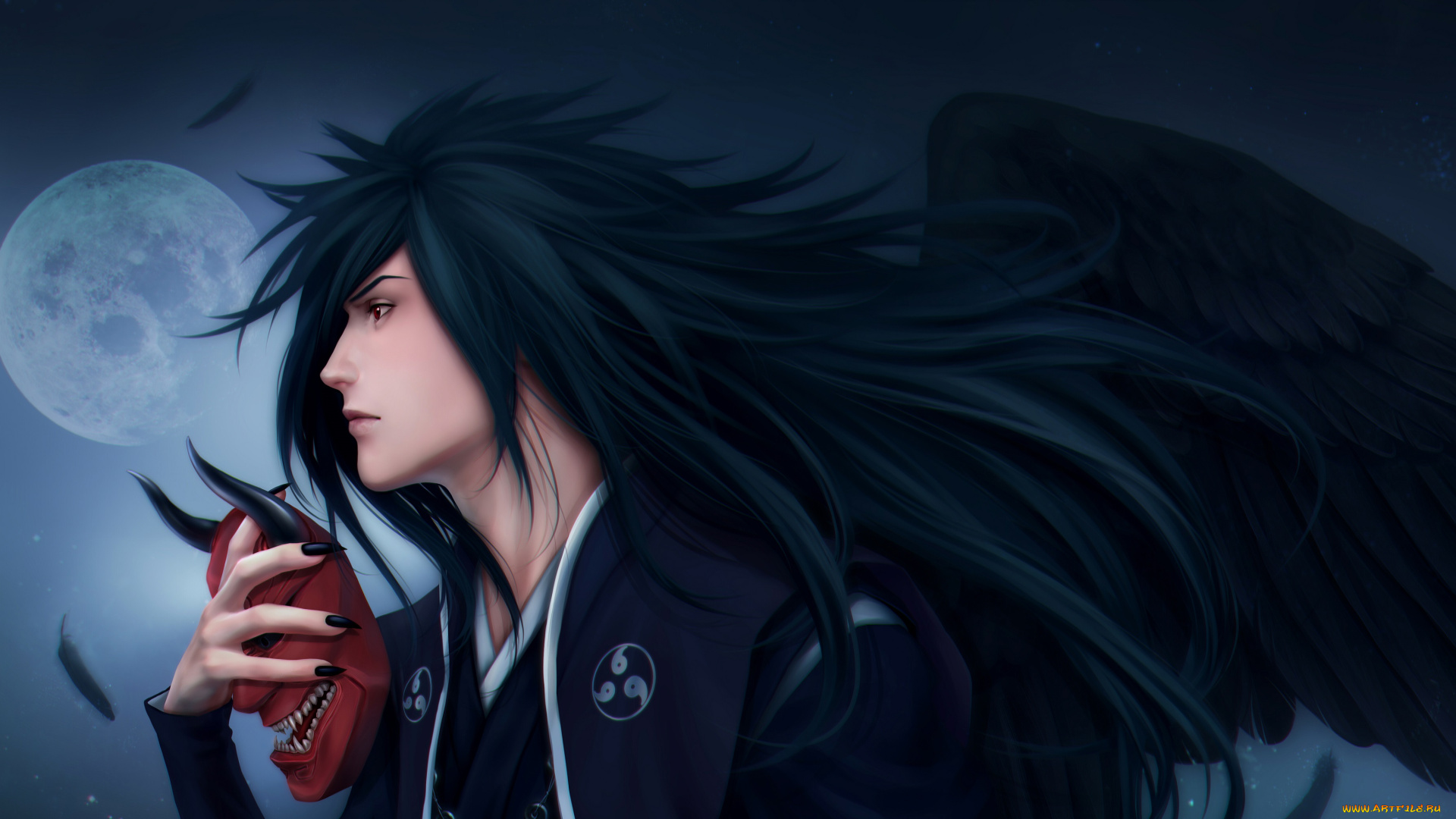 фэнтези, демоны, крылья, маска, когти, учиха, мадара, парень, луна, ночь, zetsuai89, арт, мужчина, демон