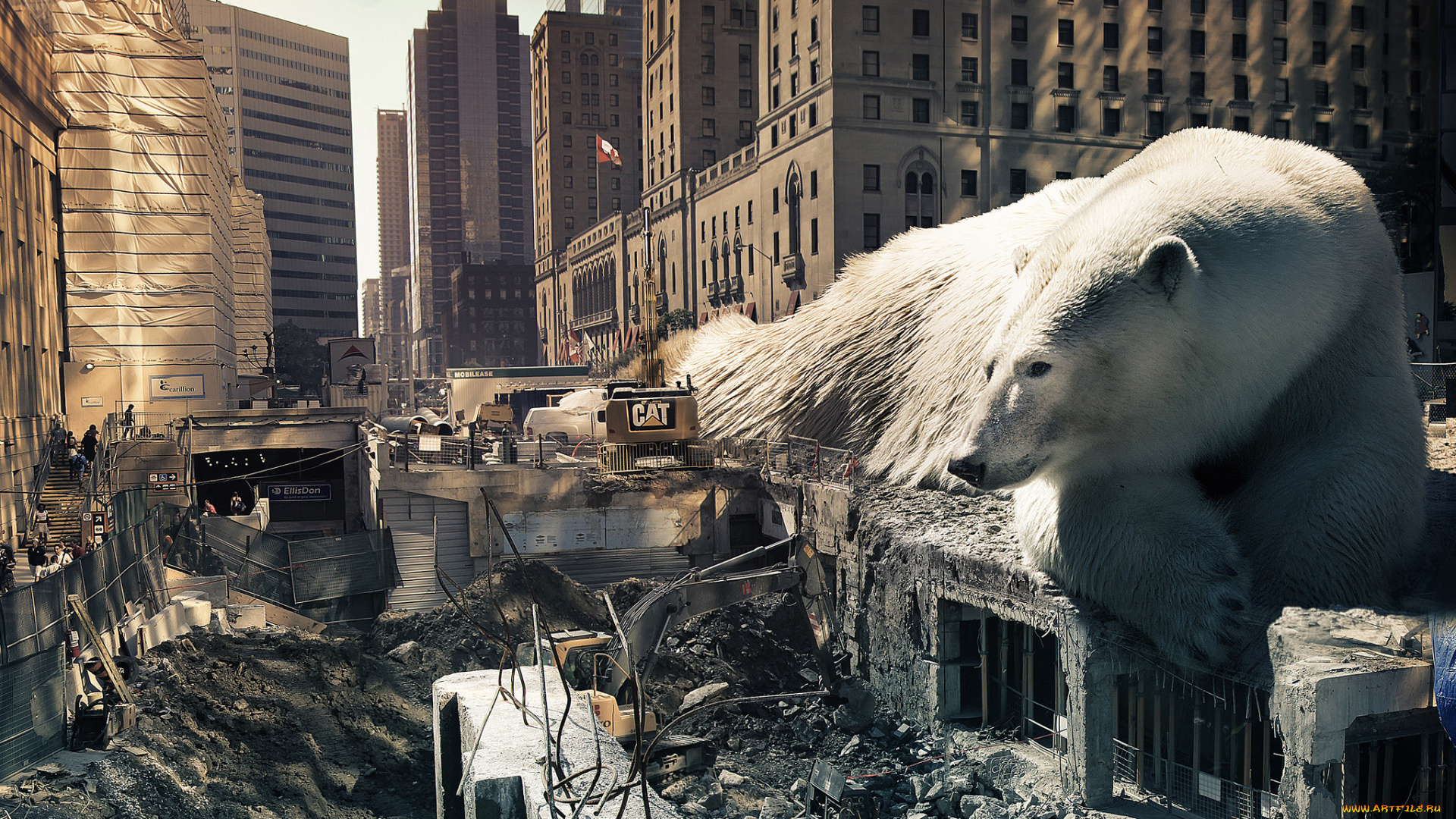 фэнтези, фотоарт, гигант, арт, стройка, город, медведь