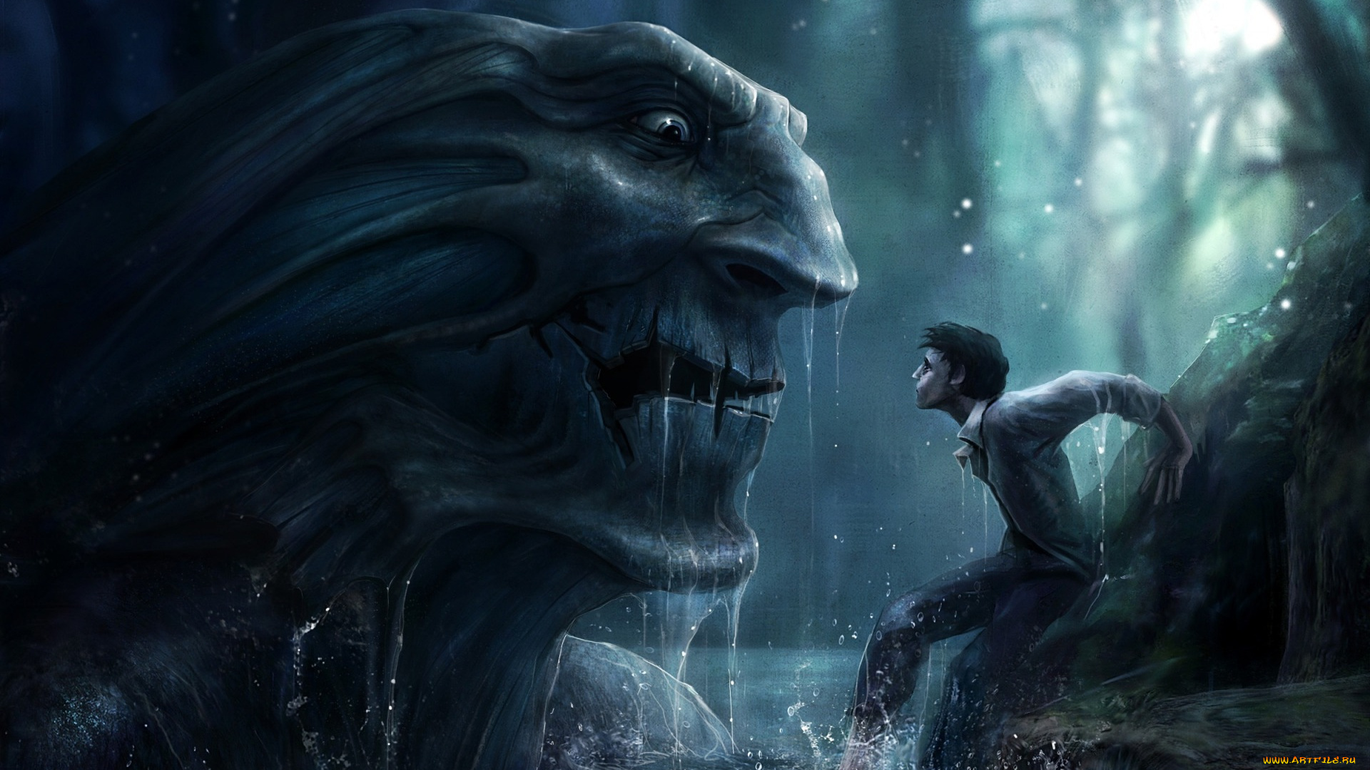 фэнтези, существа, лес, вода, водяной, парень, брызги, озеро, фентези, арт