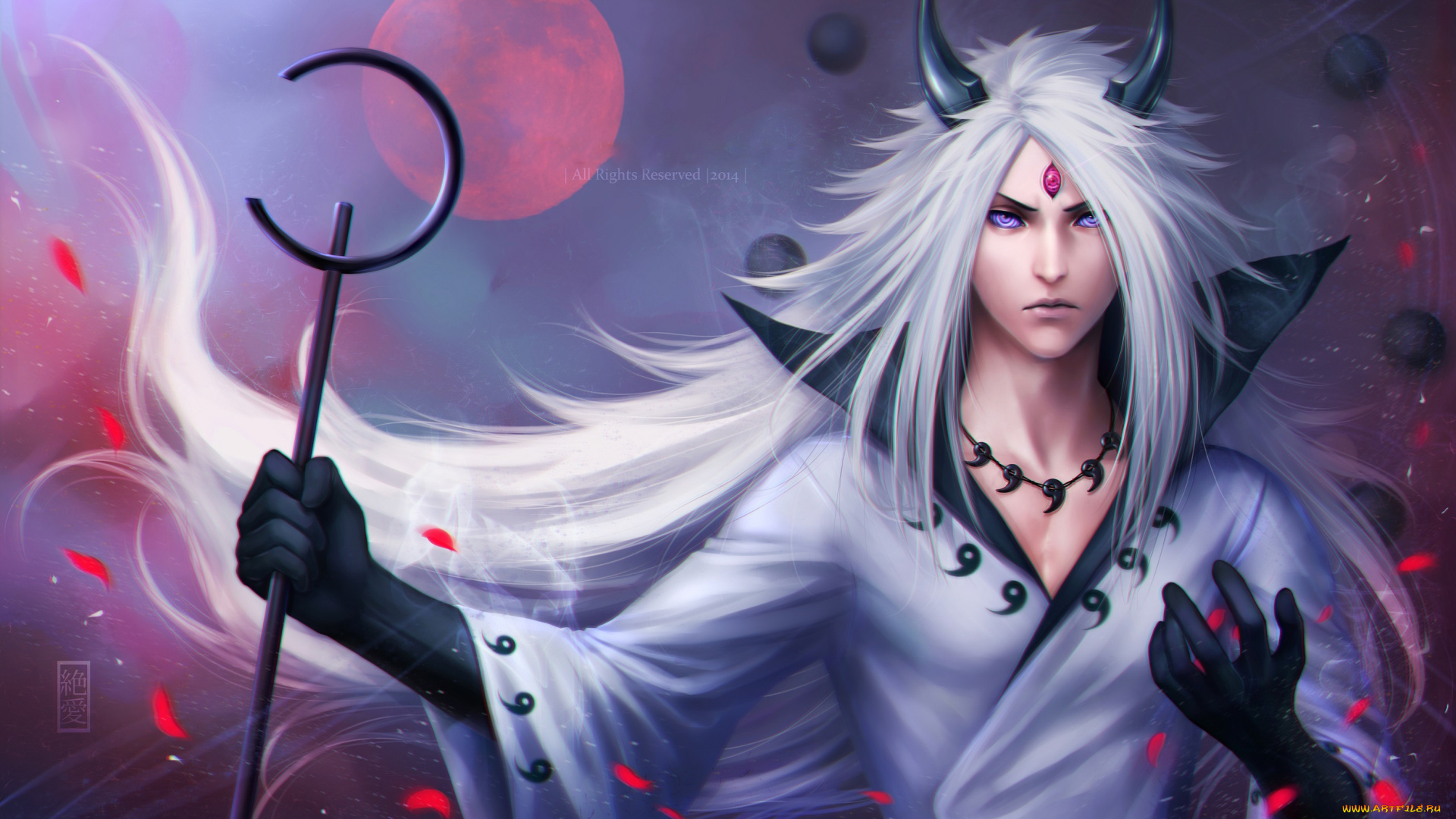 фэнтези, существа, луна, небо, взгляд, посох, мудрец, мадара, учиха, парень, арт