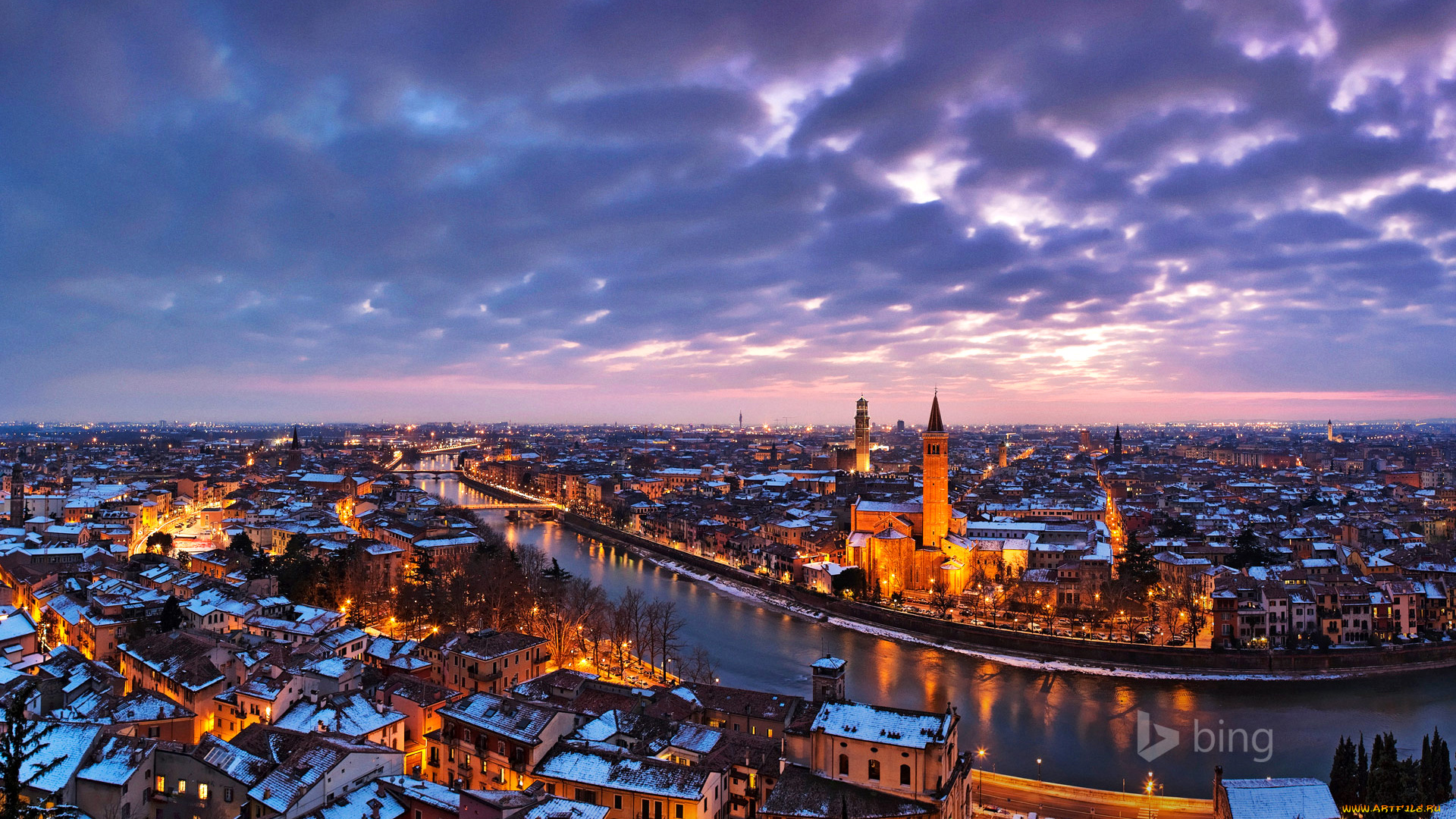 города, верона, , италия, облака, небо, адидже, река, верона, огни, ночь