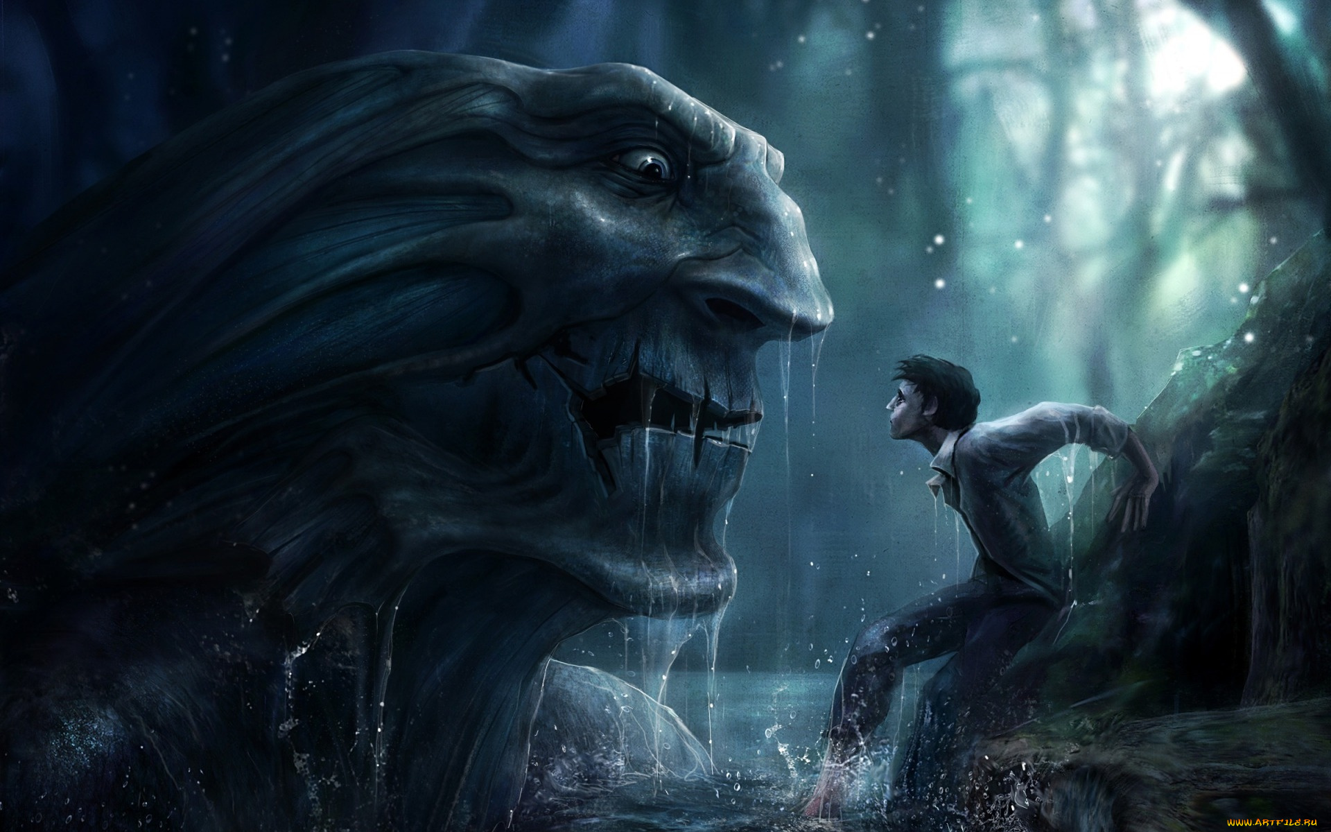 фэнтези, существа, лес, вода, водяной, парень, брызги, озеро, фентези, арт