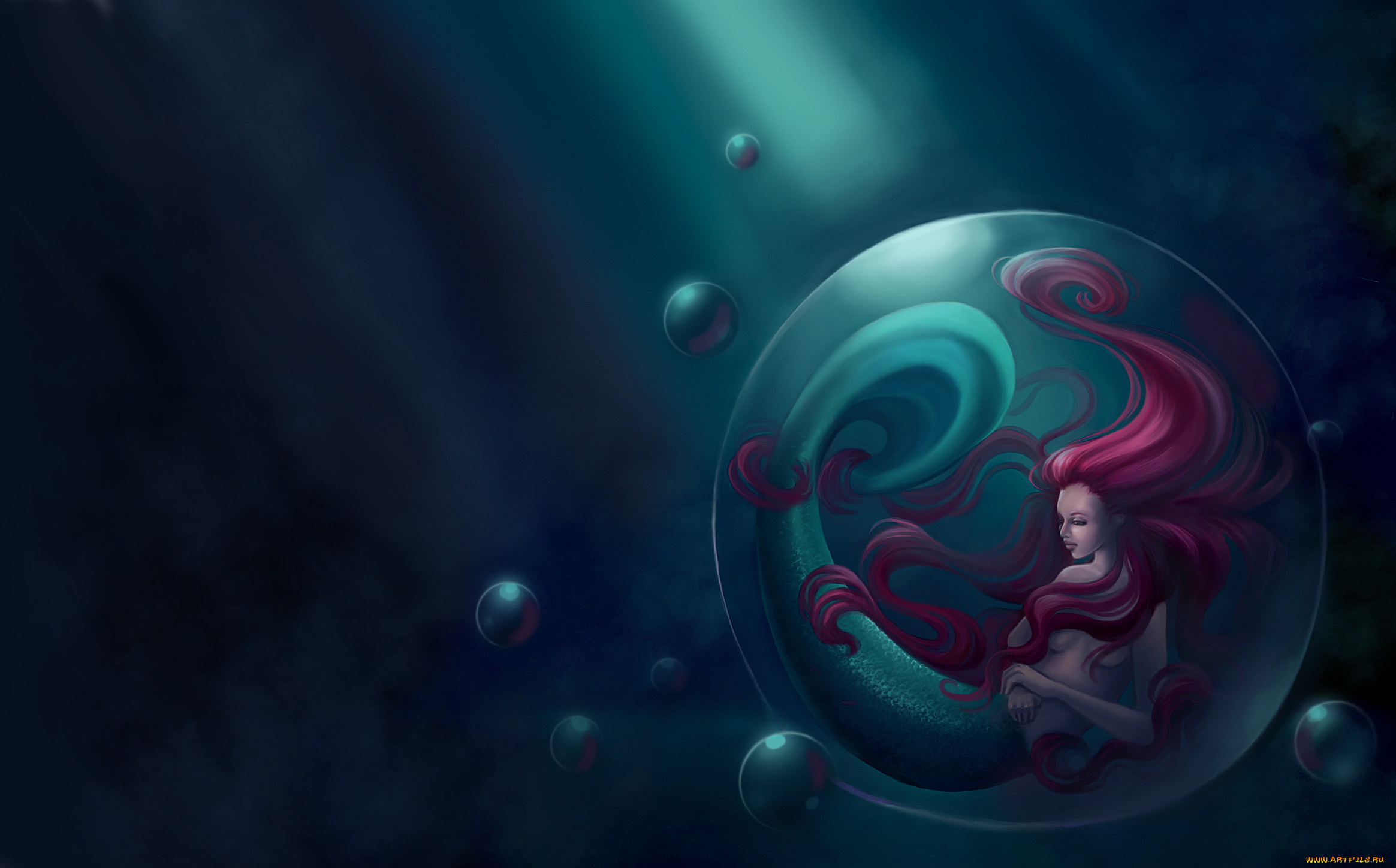 фэнтези, русалки, пузырь, плавник, хвост, красные, волосы, русалка, арт, фантастика, море