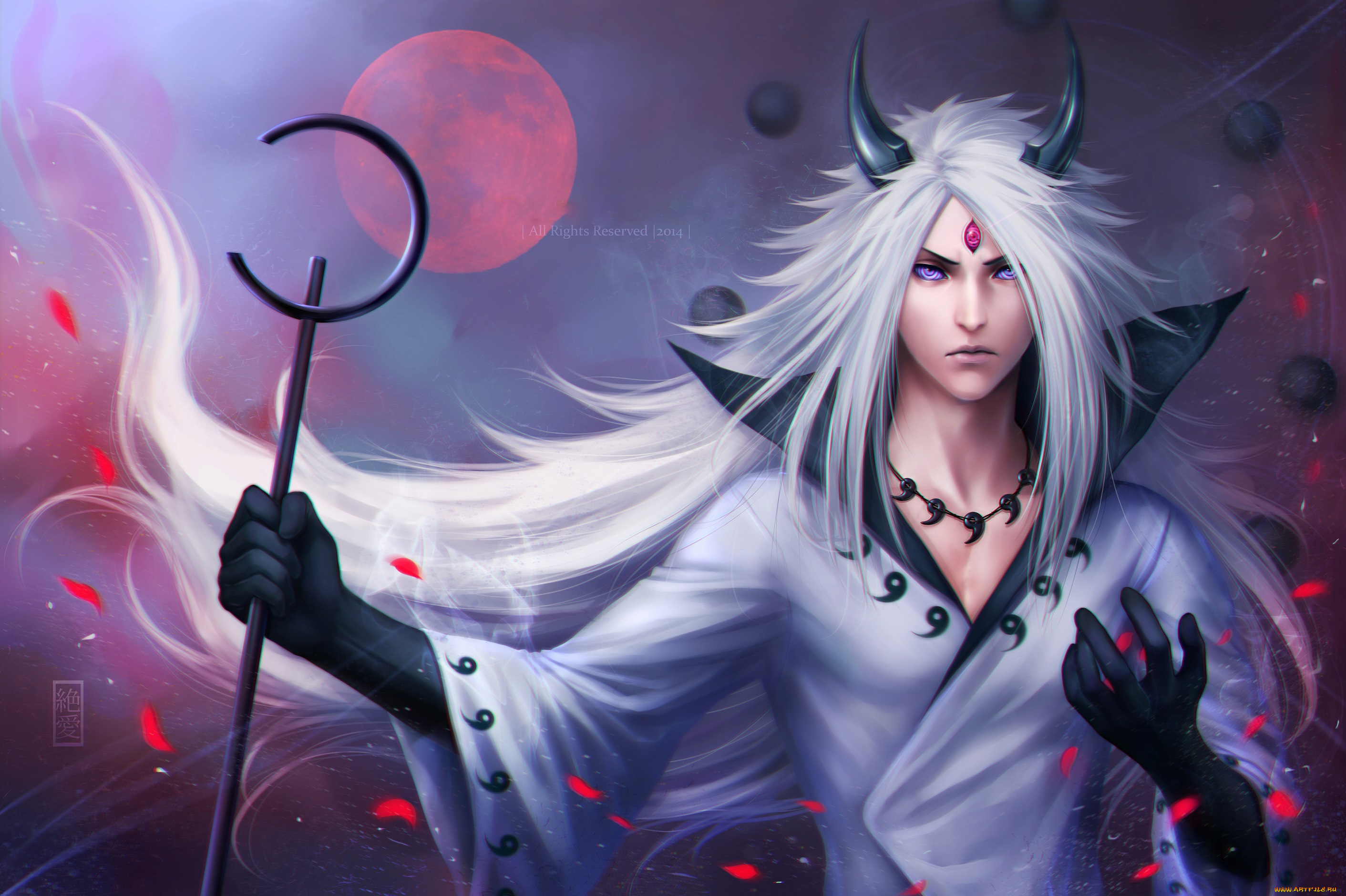 фэнтези, существа, луна, небо, взгляд, посох, мудрец, мадара, учиха, парень, арт