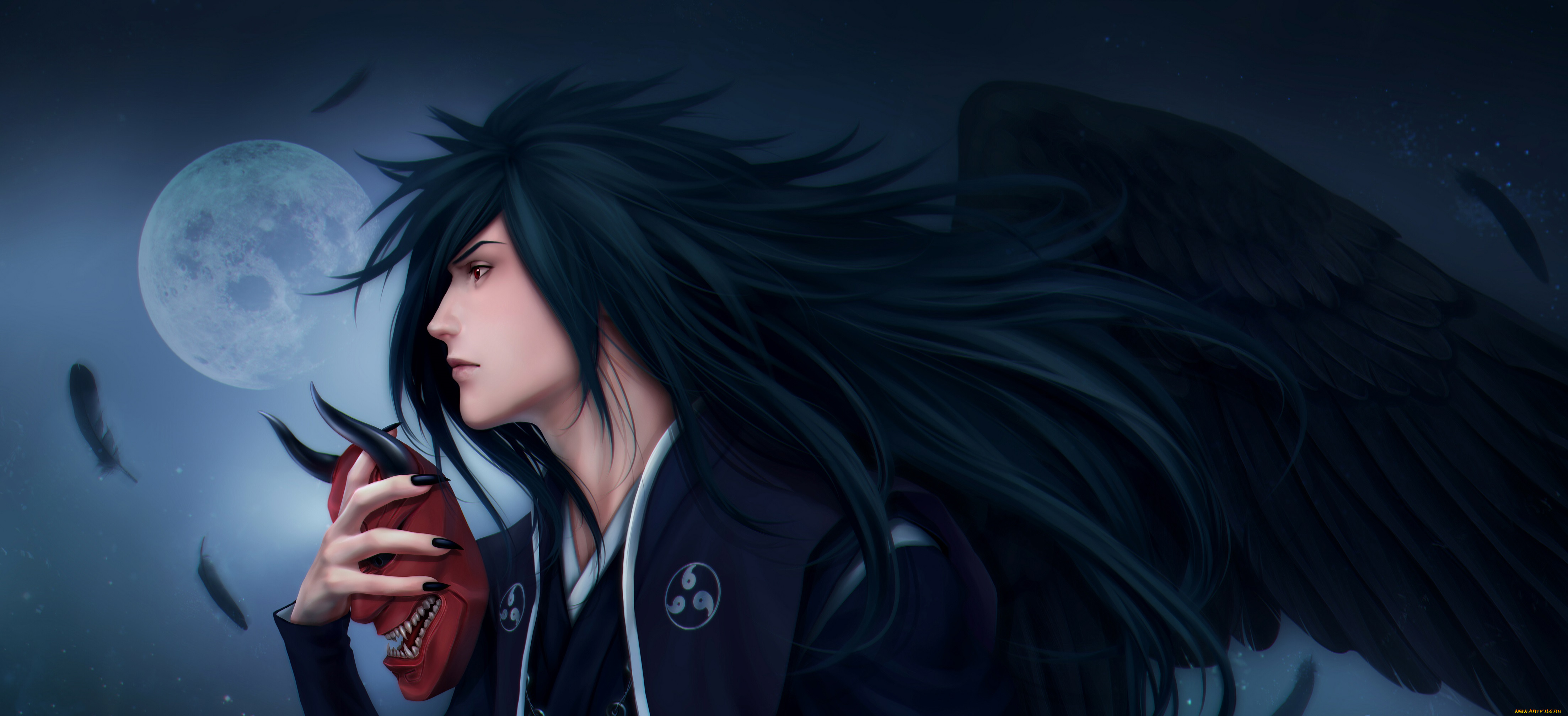 фэнтези, демоны, крылья, маска, когти, учиха, мадара, парень, луна, ночь, zetsuai89, арт, мужчина, демон