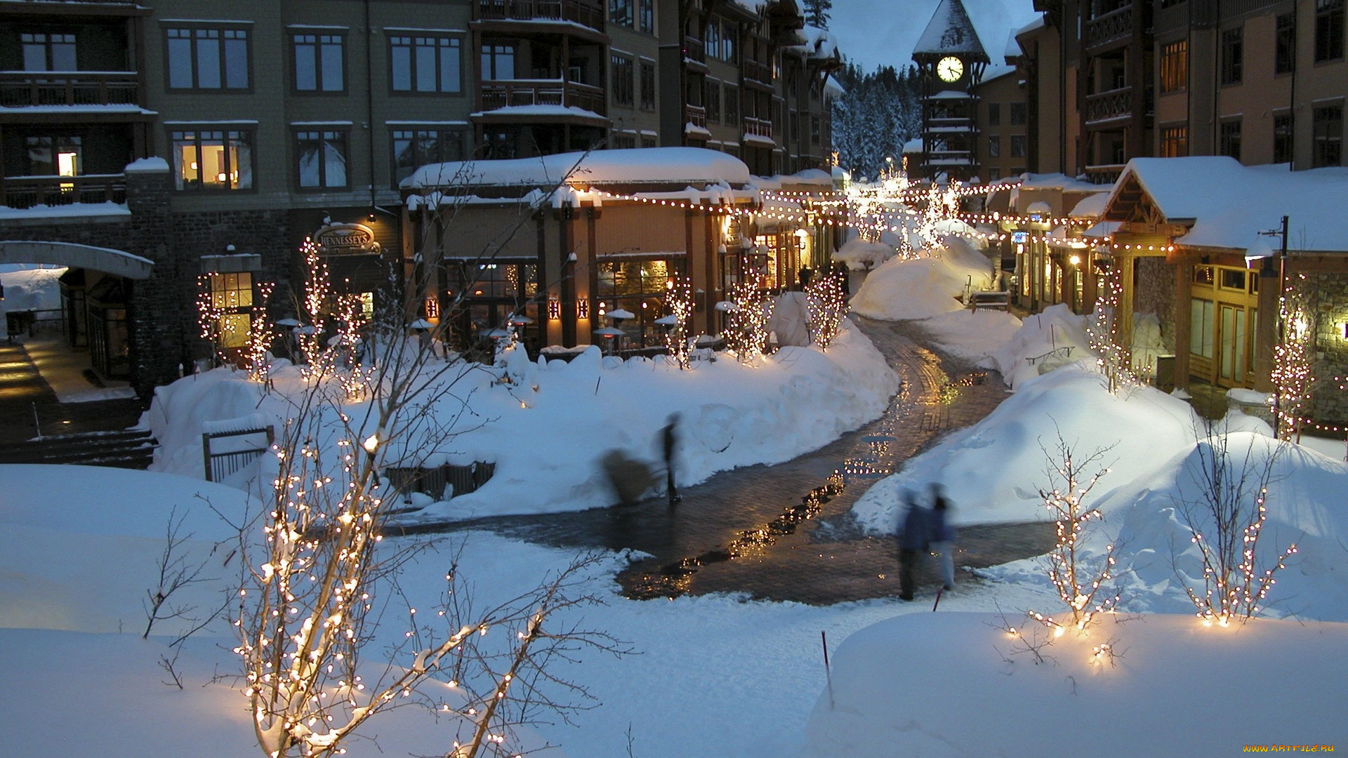 mammoth, mountain, города, -, огни, ночного, города, дома, иллюминация, снег, часы, зима, улица, здания, город, огни