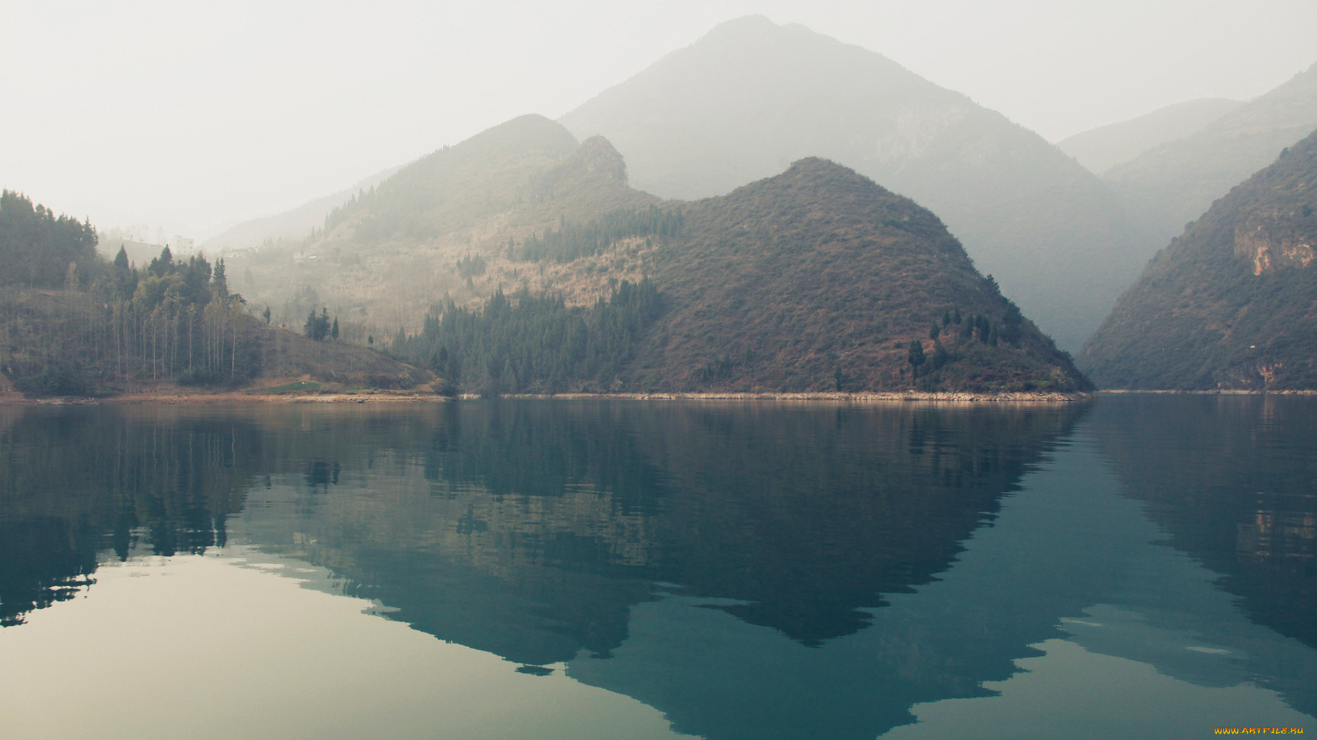 природа, реки, озера, дымка, холмы, горы, вода, отражение