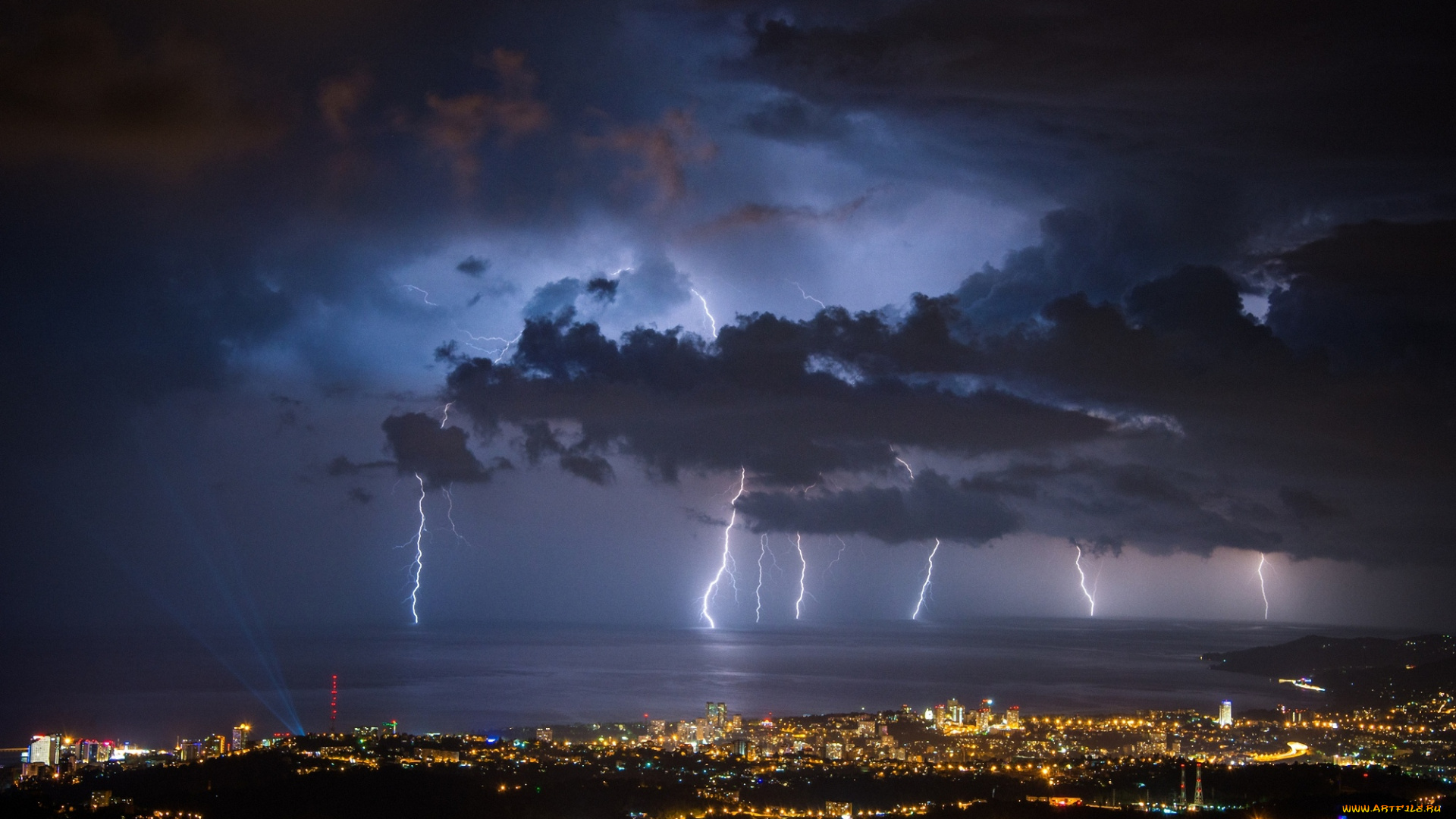 природа, молния, , гроза, город, ночь, море