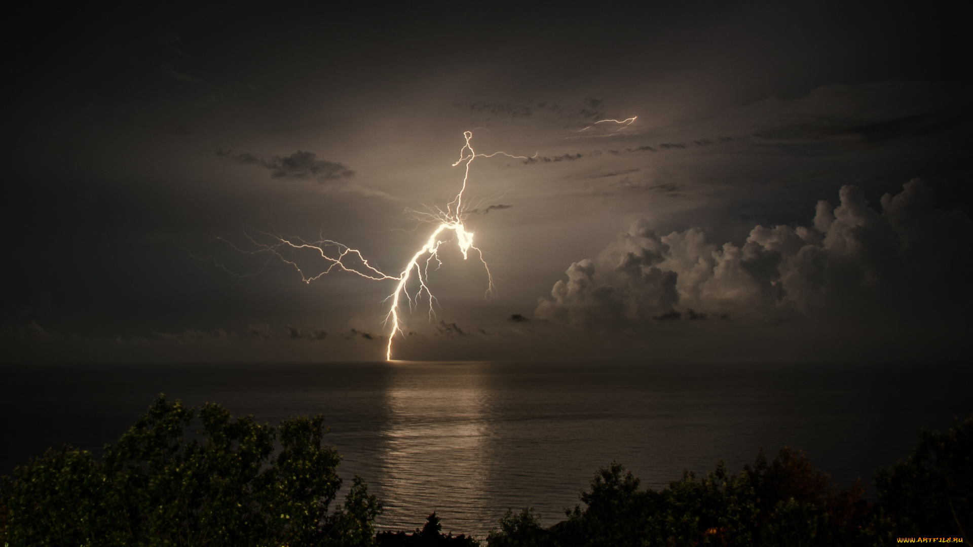 природа, молния, , гроза, ночь, море