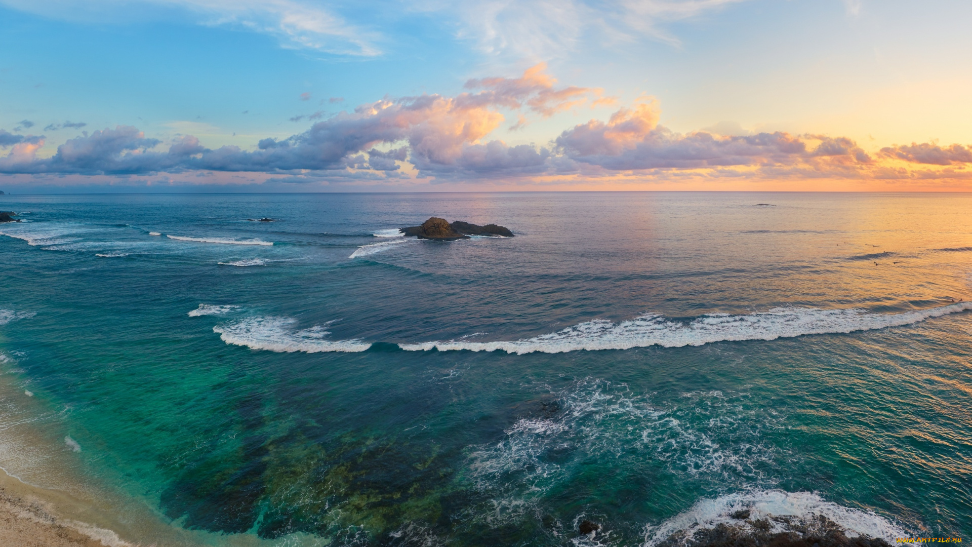 природа, побережье, океан, остров, пляж, закат, пейзаж, берег