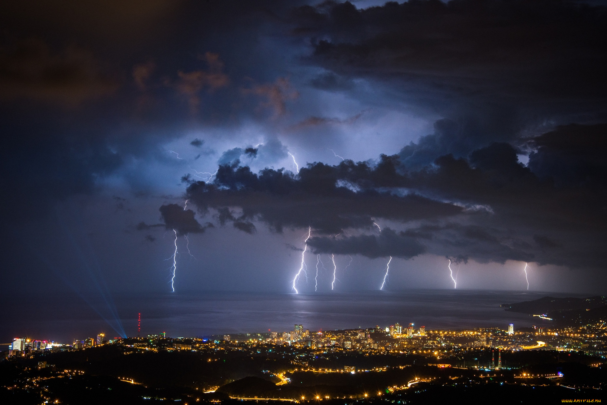 природа, молния, , гроза, город, ночь, море
