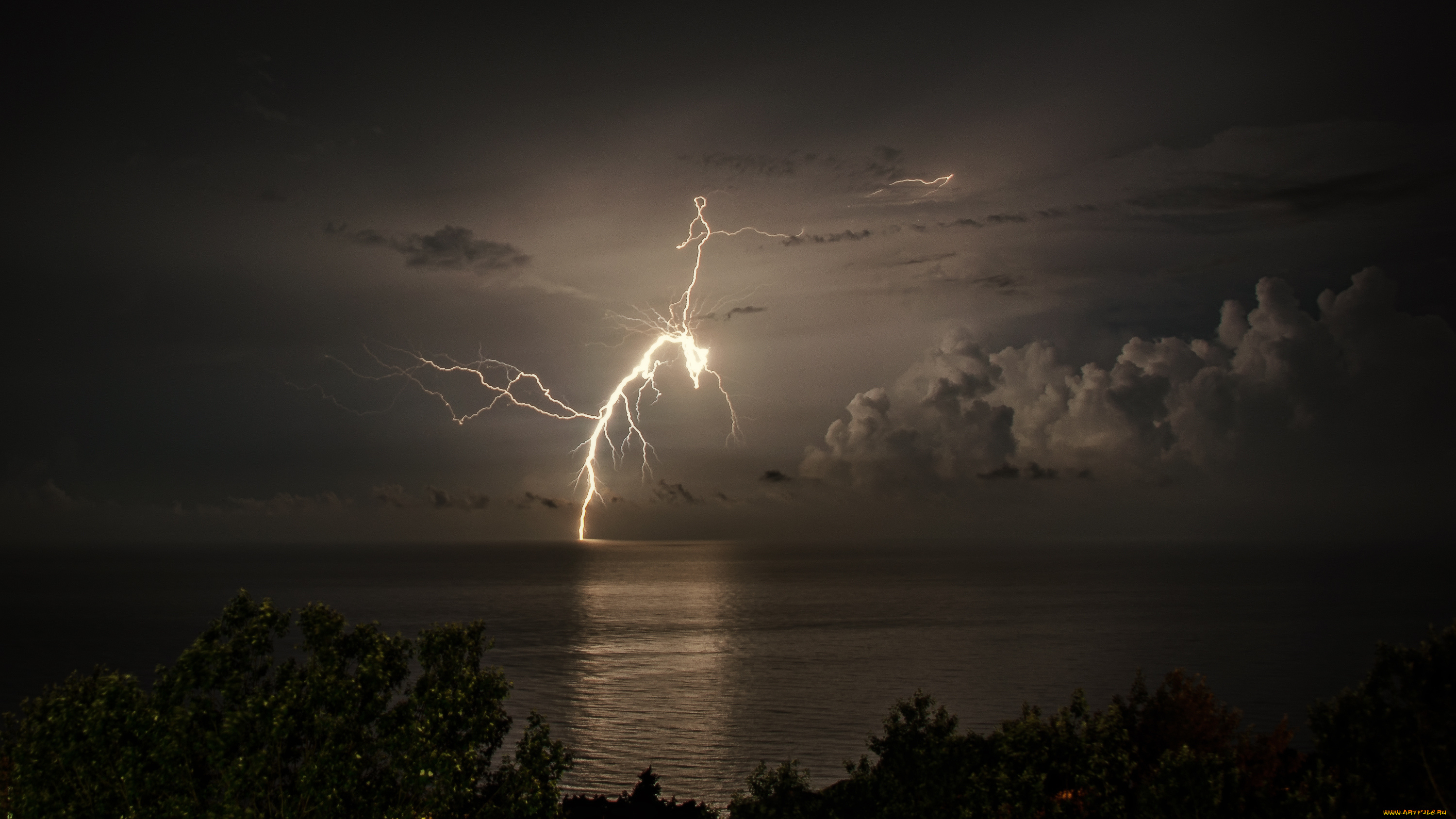природа, молния, , гроза, ночь, море