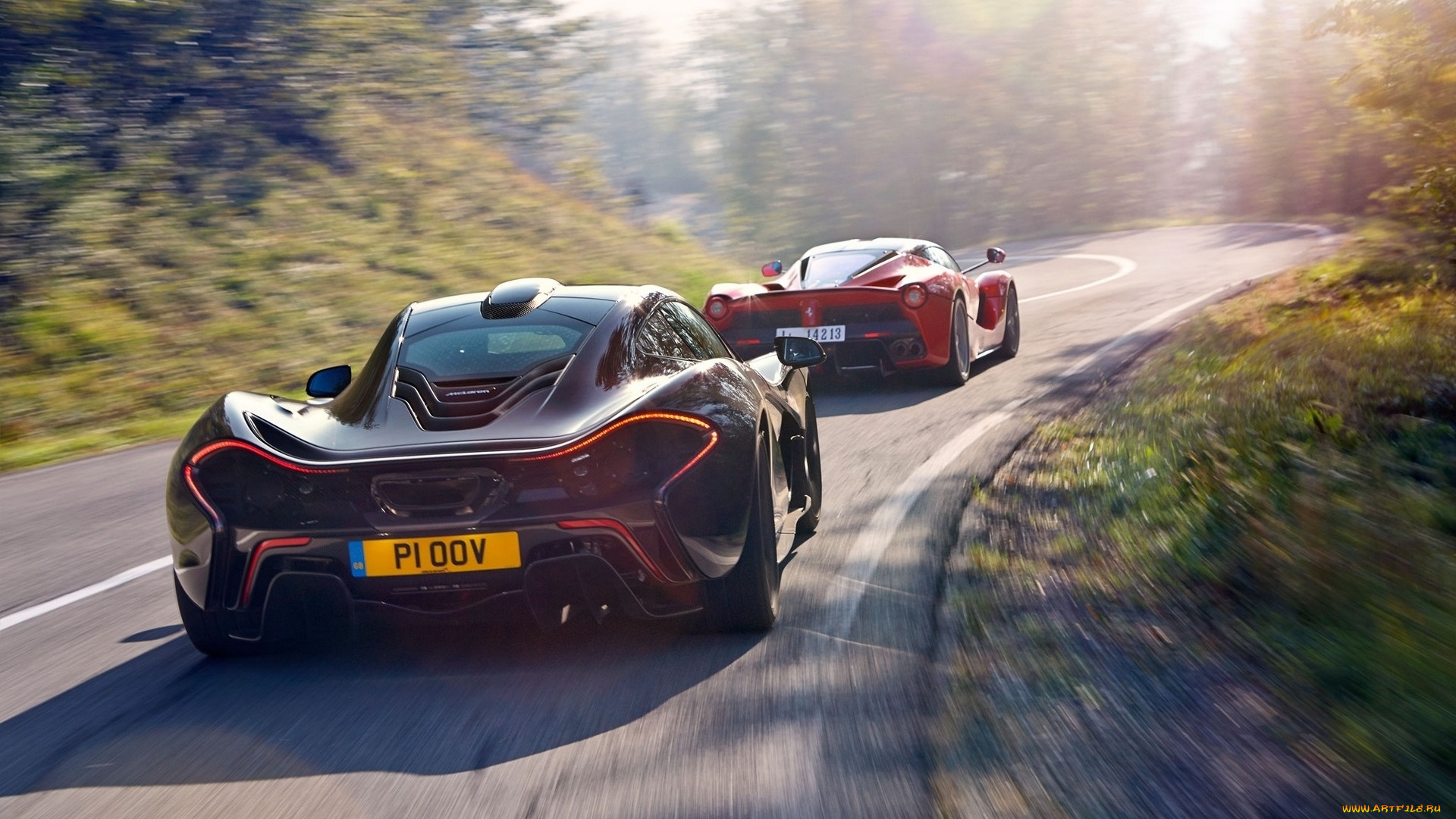 автомобили, разные, вместе, дорога, темный, красный, феррари, макларен, суперкары, поворот, шоссе, трасса