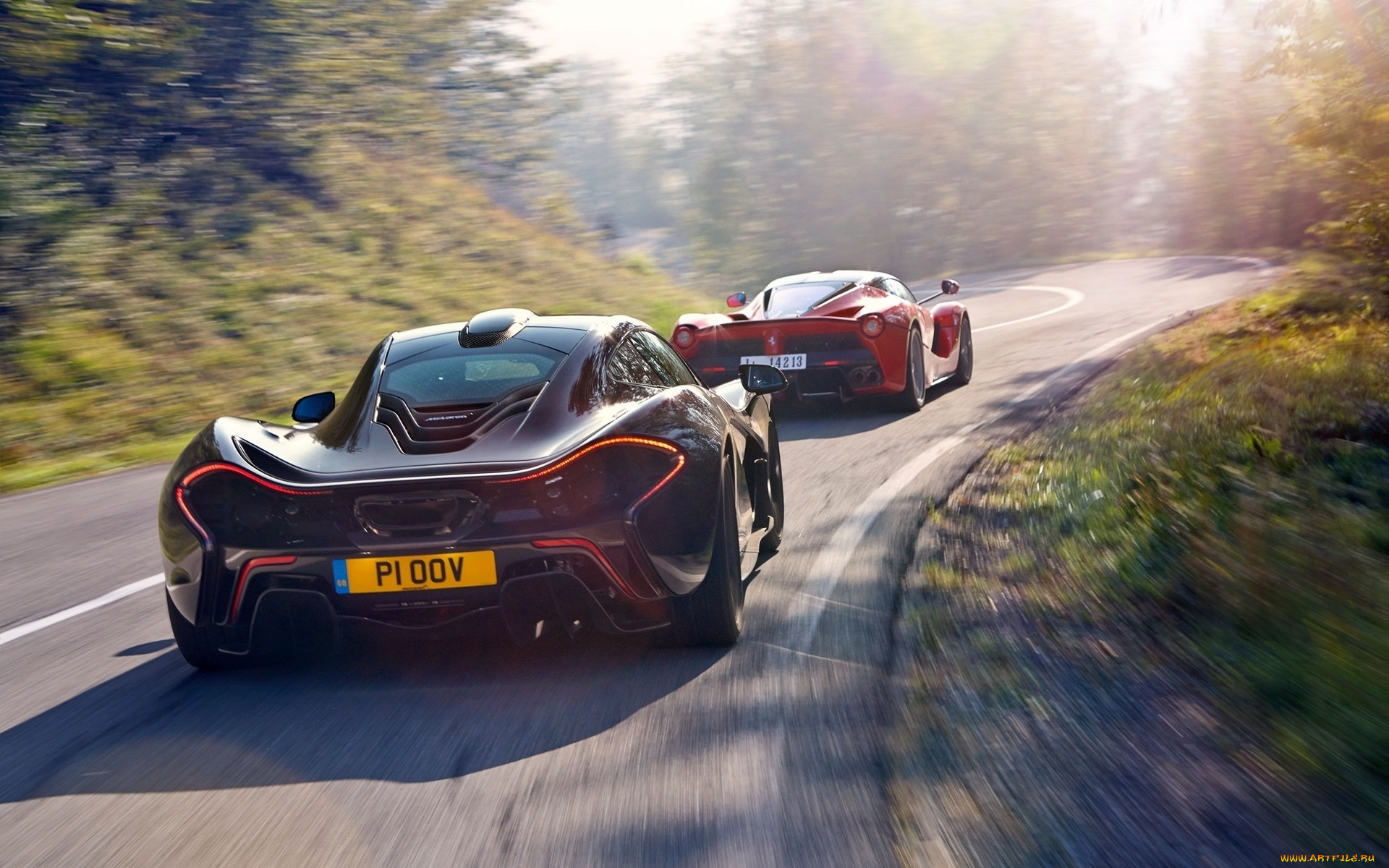 автомобили, разные, вместе, дорога, темный, красный, феррари, макларен, суперкары, поворот, шоссе, трасса