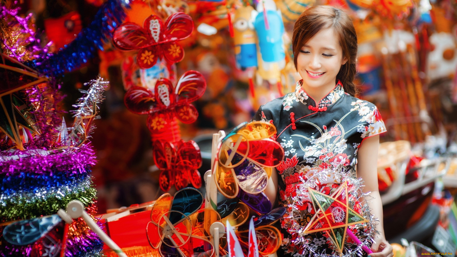 девушки, -, азиатки, национальный, костюм, азиатка, игрушки
