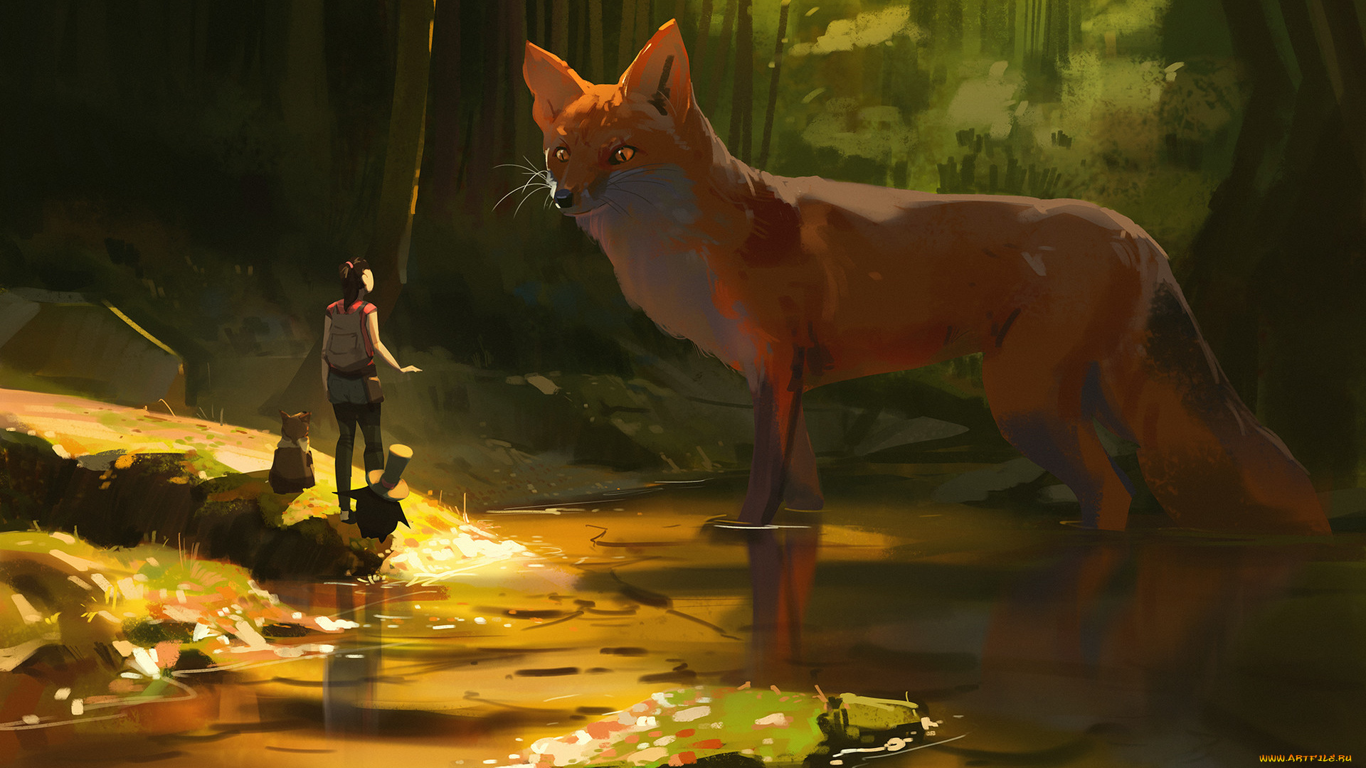 фэнтези, существа, лис, девушка, лес, озеро