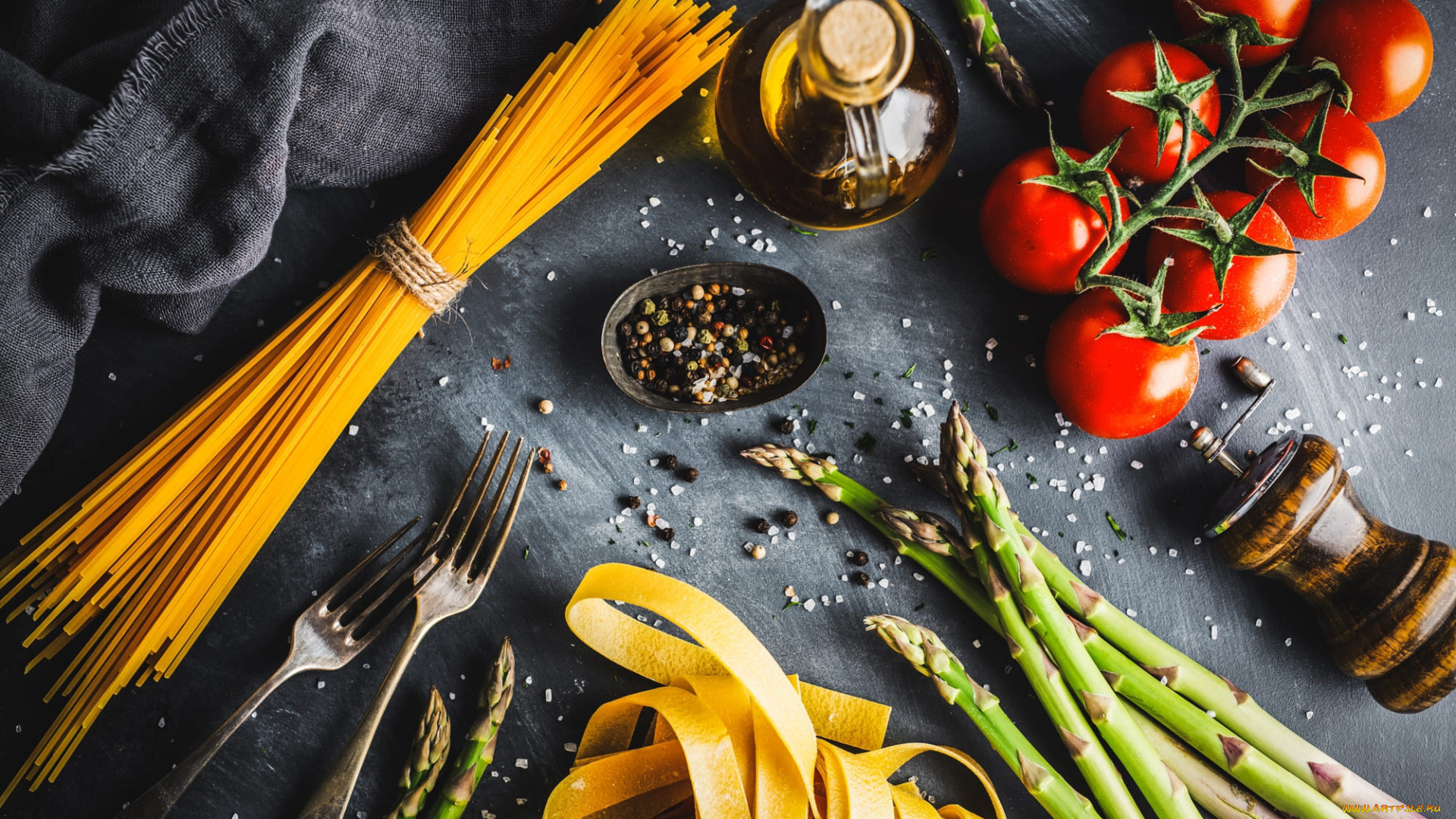 еда, макароны, , макаронные, блюда, масло, помидоры, спаржа