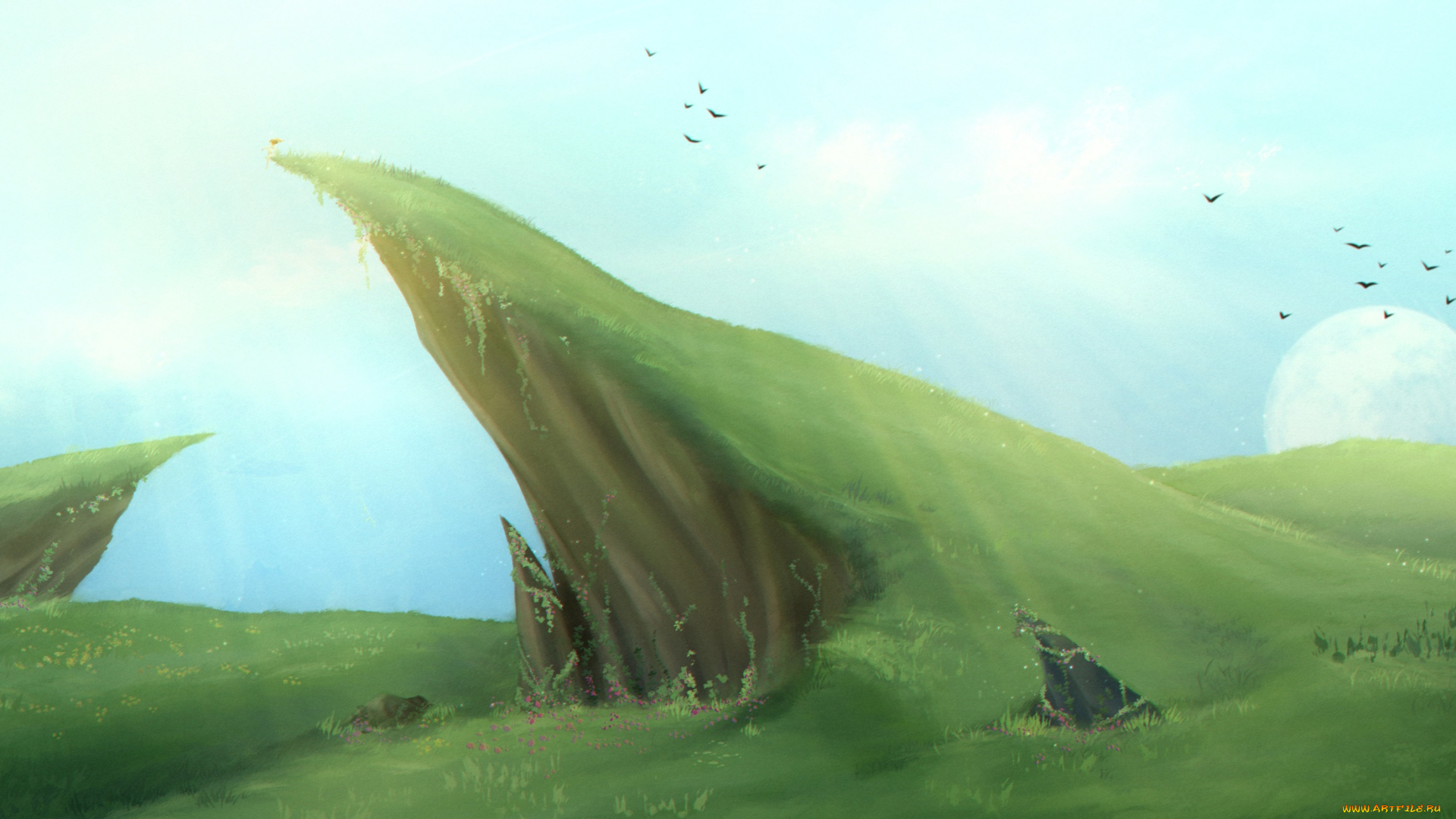 рисованное, природа, небо, трава, обрыв