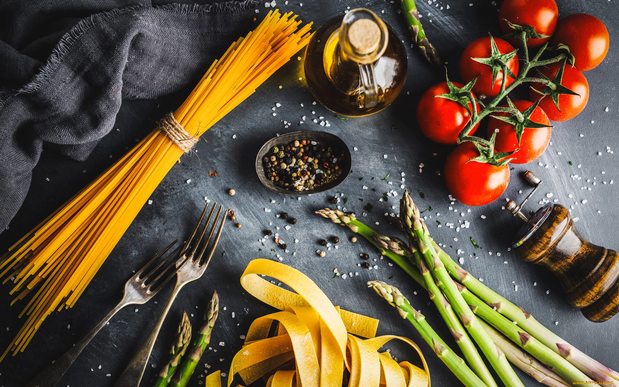 еда, макароны, , макаронные, блюда, масло, помидоры, спаржа