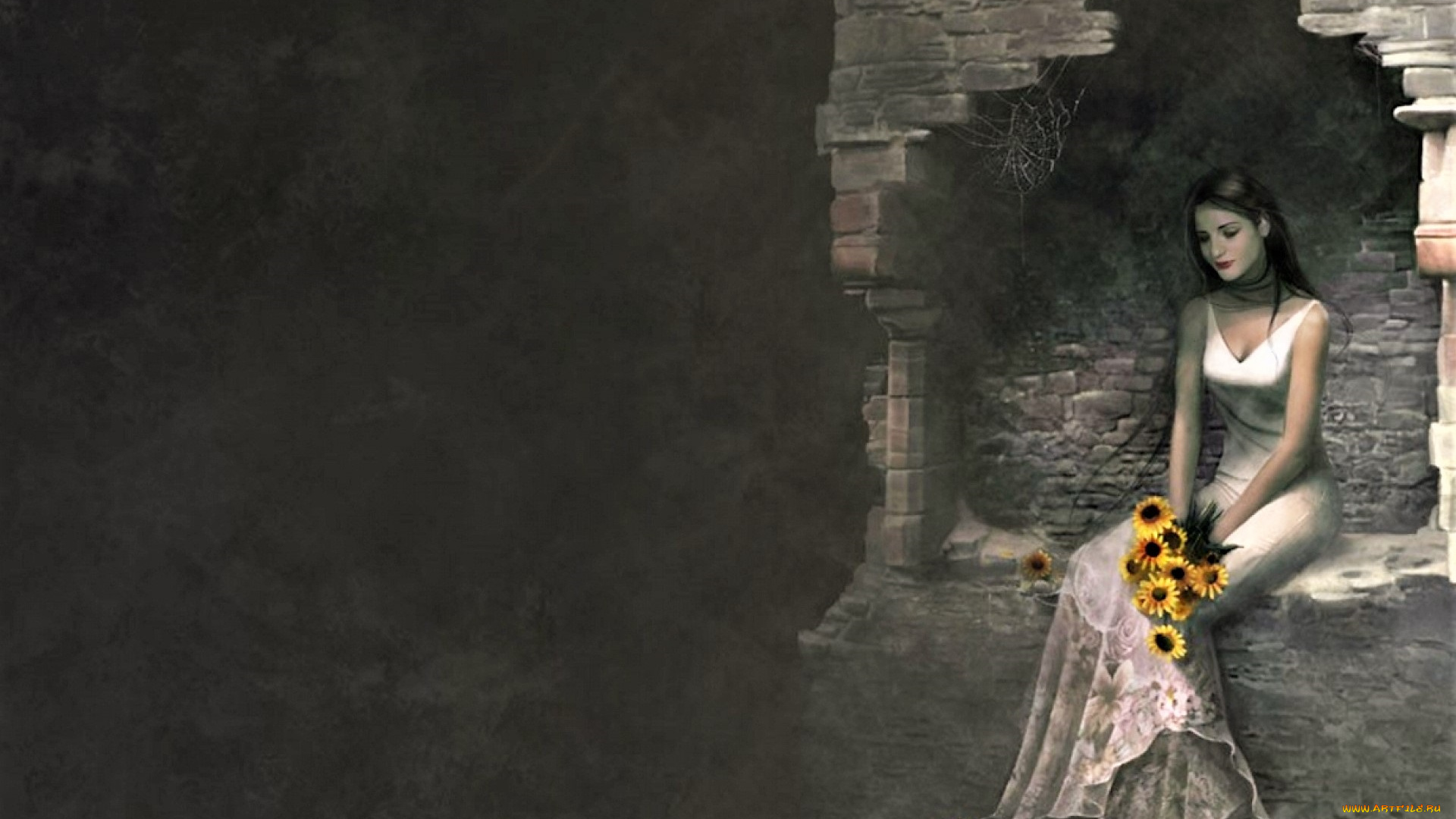рисованное, люди, девушка, платье, цветы, ниша