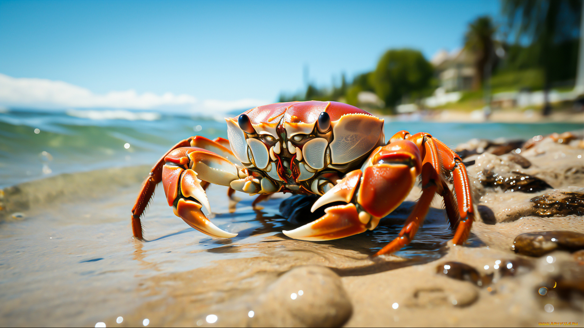 3д, графика, животные, , animals, взгляд, берег, краб, морской, клешни, ии-арт, нейросеть