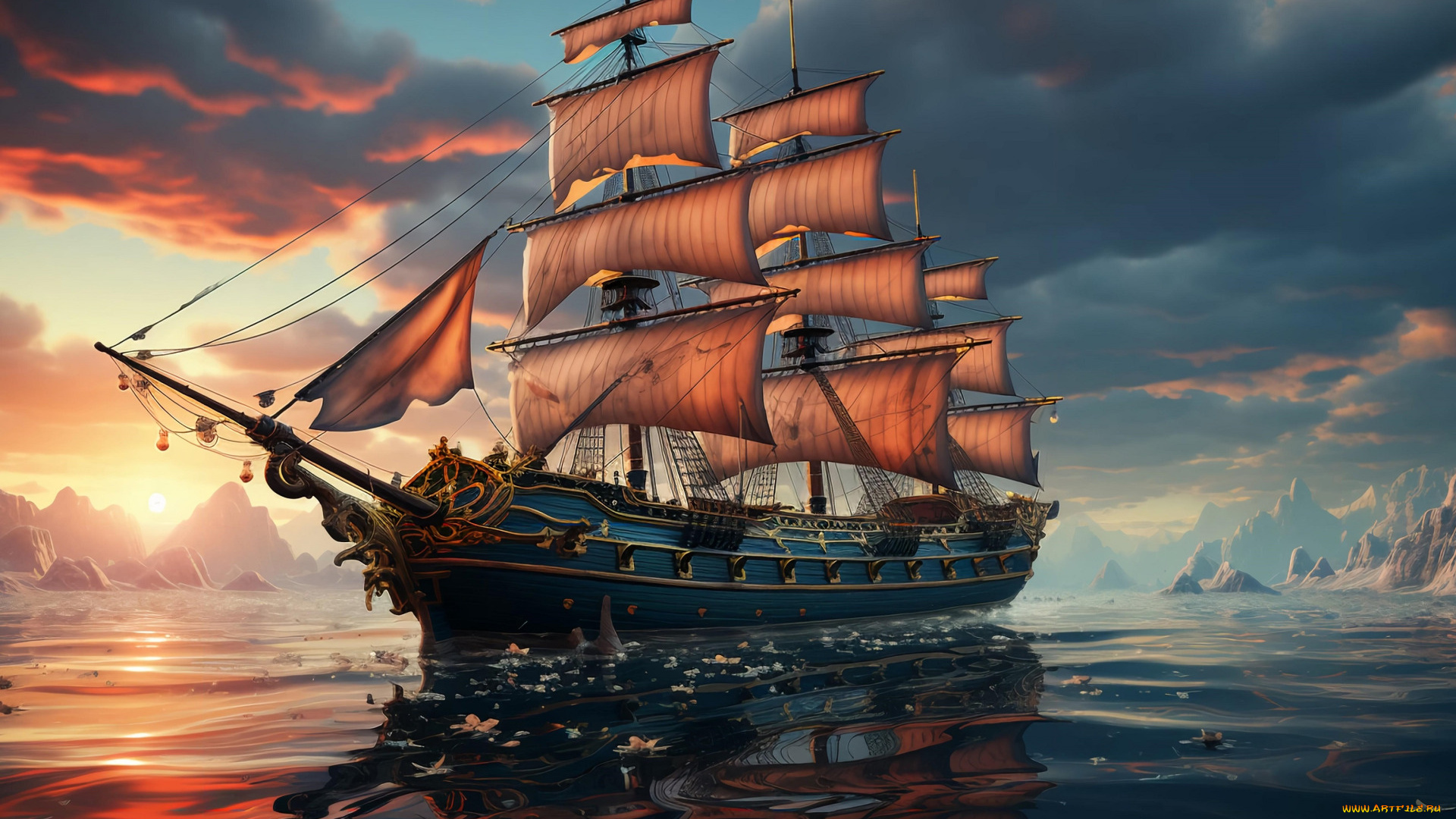 корабли, 3d, море, небо, вода, облака, корабль, парусник, паруса, водоем