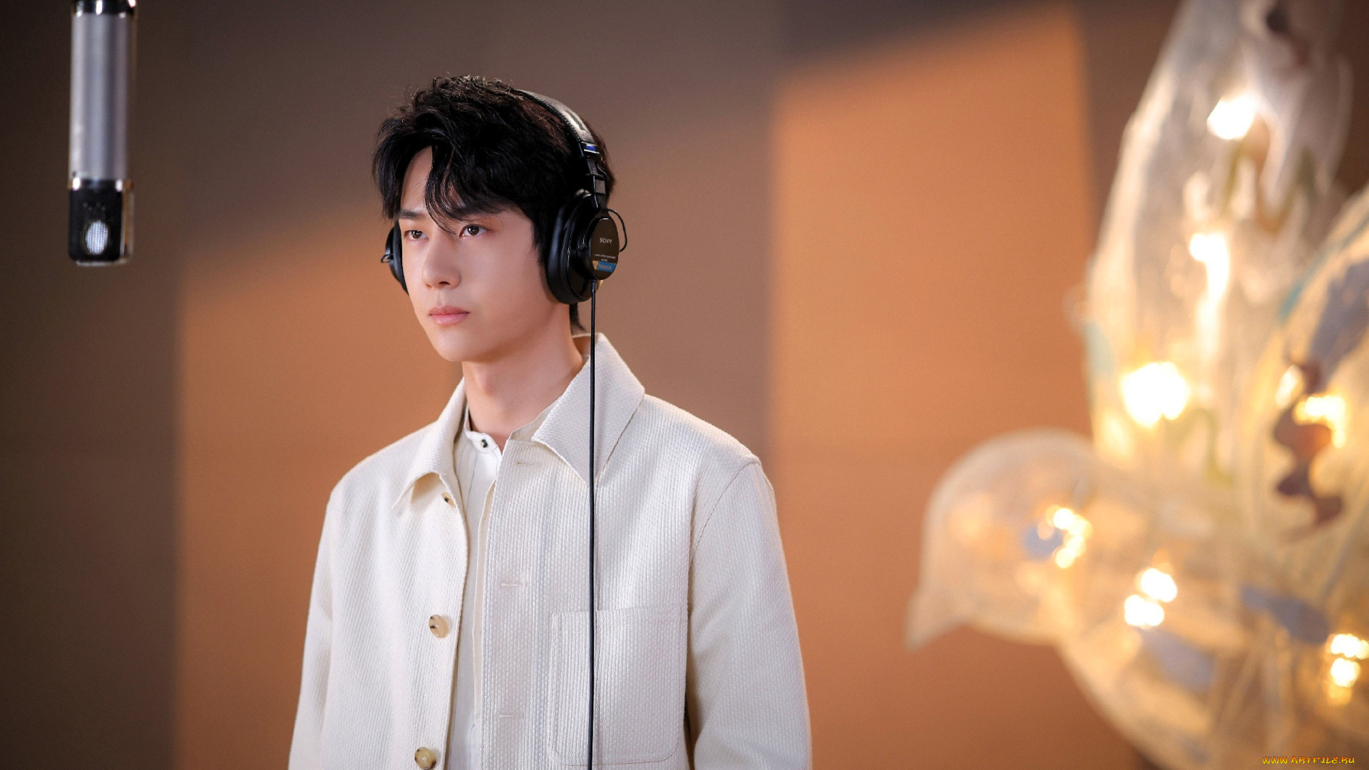 мужчины, wang, yi, bo, актер, наушники, микрофон, пиджак, студия