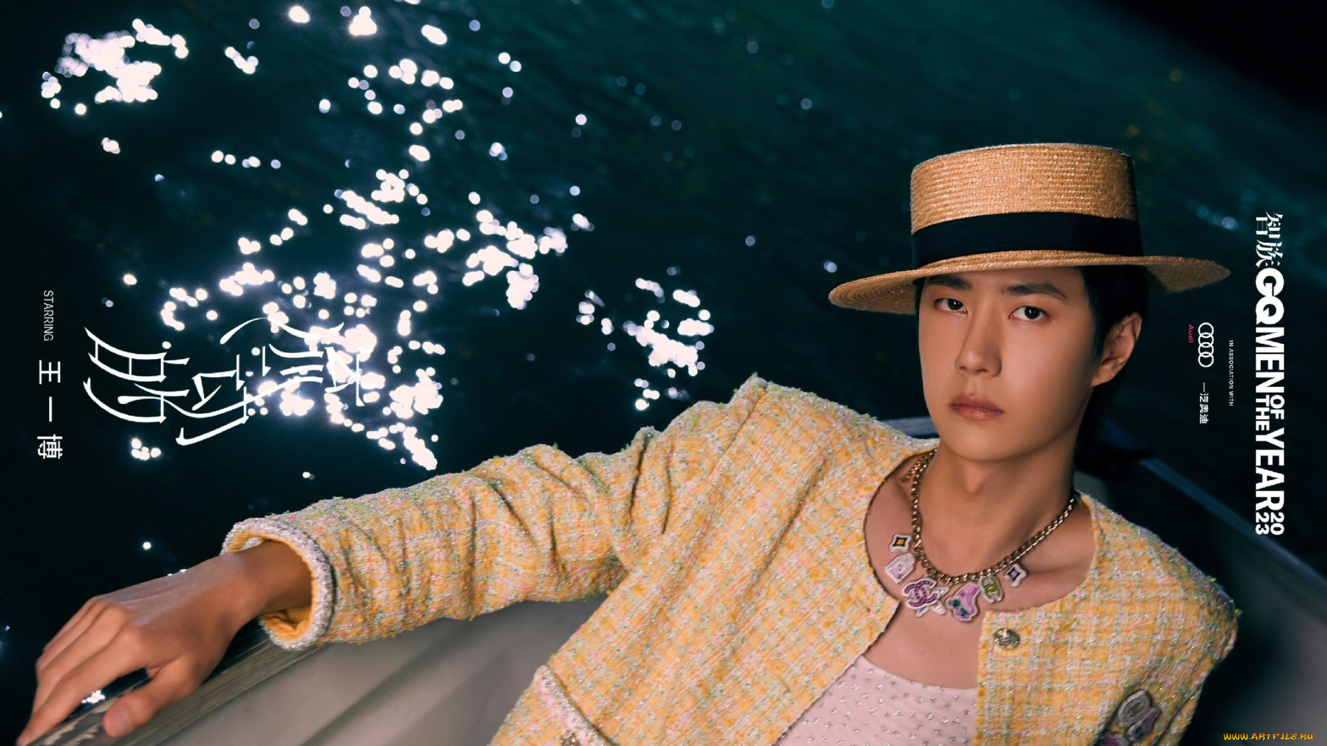 мужчины, wang, yi, bo, актер, пиджак, шляпа, ожерелье, лодка, вода