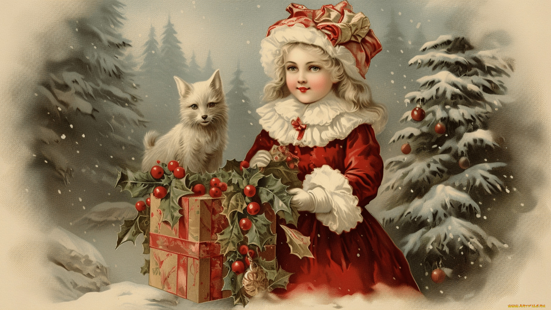 рисованное, дети, зима, лес, кошка, кот, листья, шарики, снег, ветки