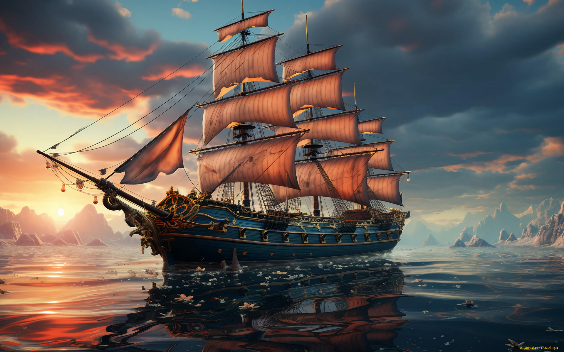 корабли, 3d, море, небо, вода, облака, корабль, парусник, паруса, водоем