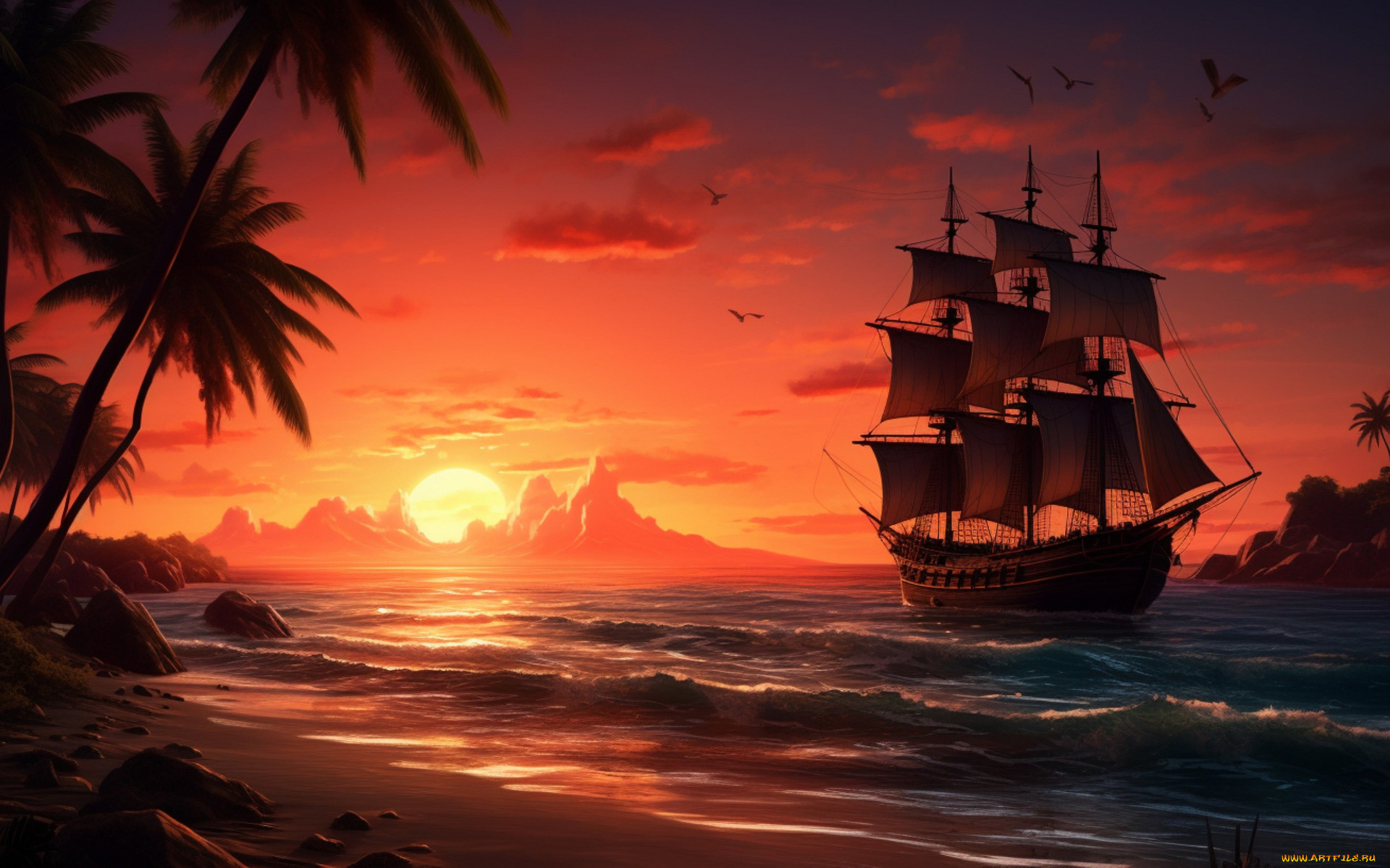 корабли, 3d, море, небо, вода, облака, корабль, парусник, паруса, водоем