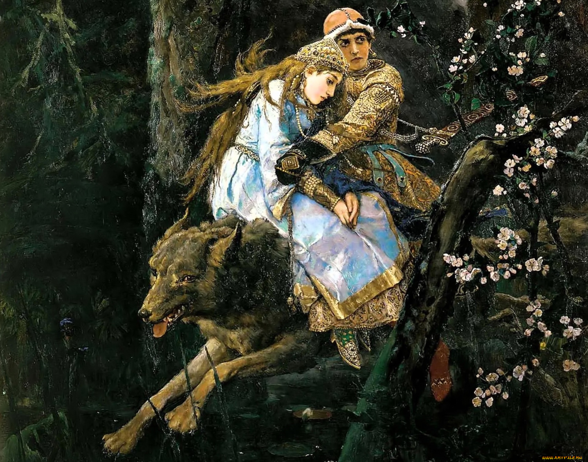 рисованное, виктор, васнецов, иван-царевич, серый, волк, елена, лес