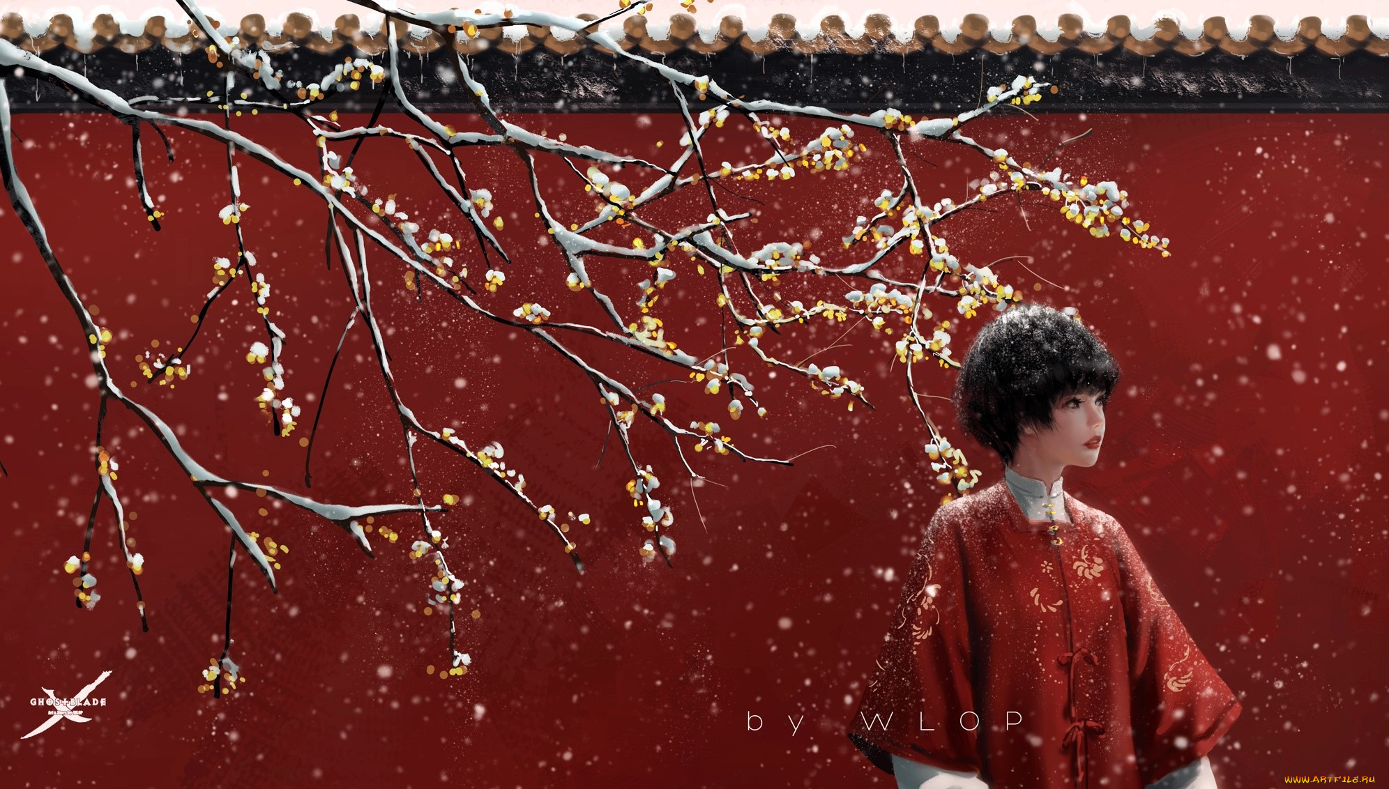 фэнтези, _ghost, blade, , , призрачный, клинок, девушка, стена, дерево, снег