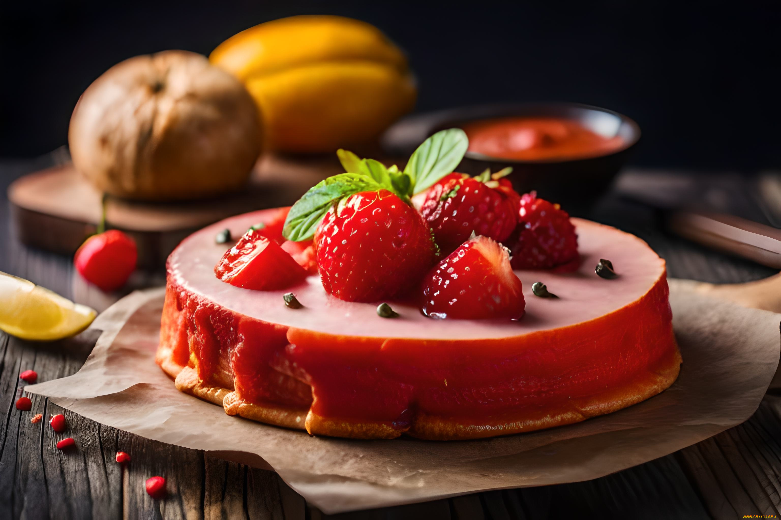 комп, , дизайн, разное, компьютерный, дизайн, ягоды, темный, фон, клубника, торт, десерт, шоколадный, нейросеть