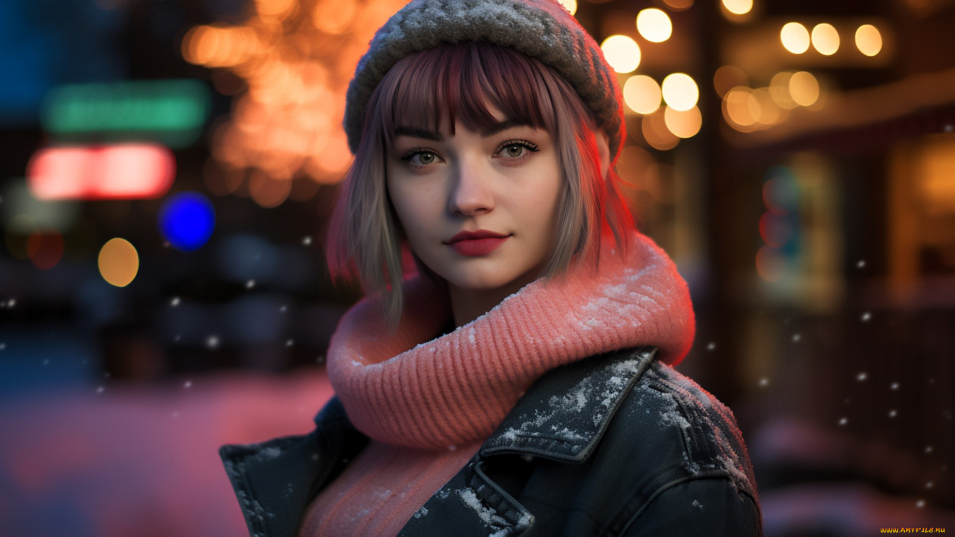 3д, графика, люди, , people, девушка, лицо, шапка, свитер, куртка, снег, огни