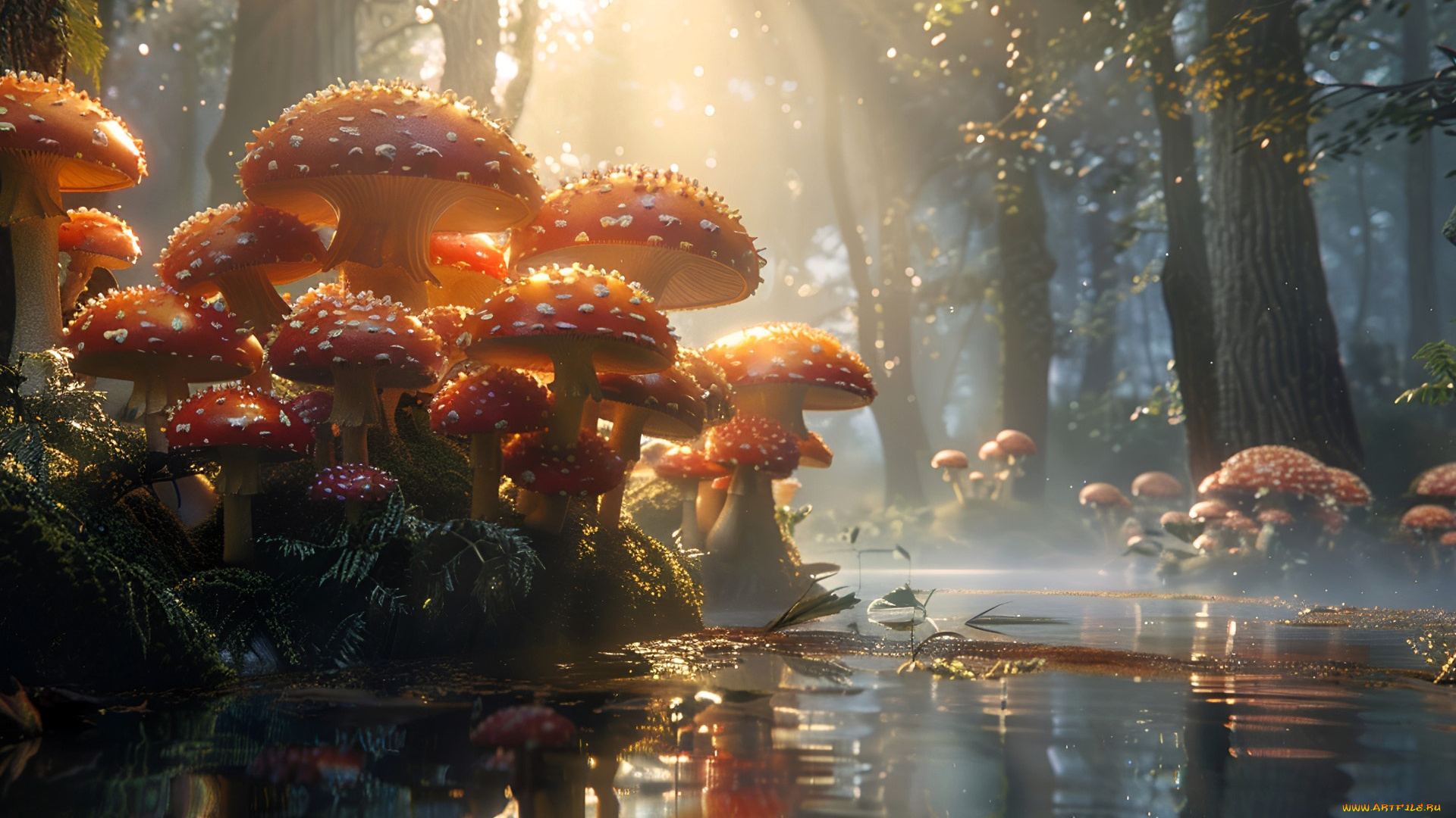 3д, графика, природа, , nature, мухоморы, река, лес, лучи, нейросеть