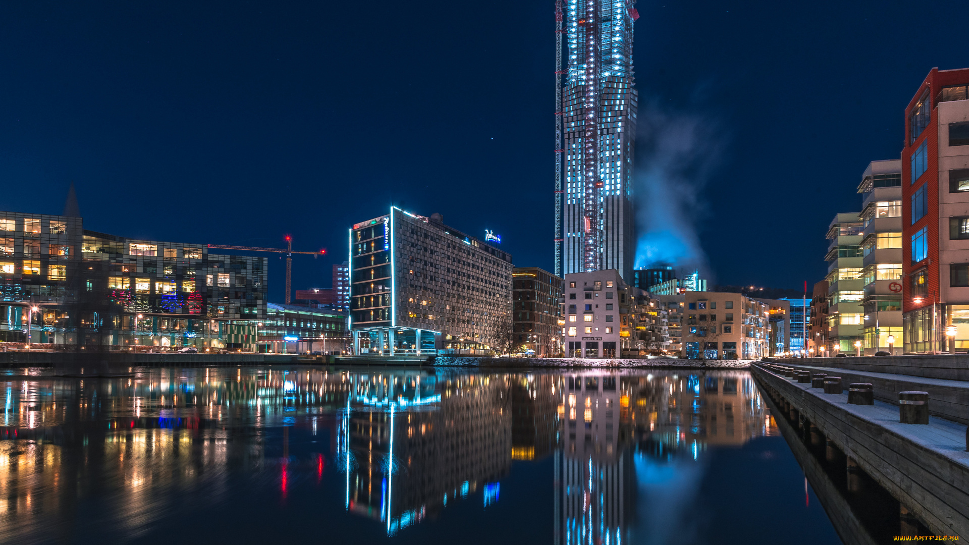 города, -, огни, ночного, города, швеция, дома, реки, гетеборг, ночь, башeнный, кран, отражение