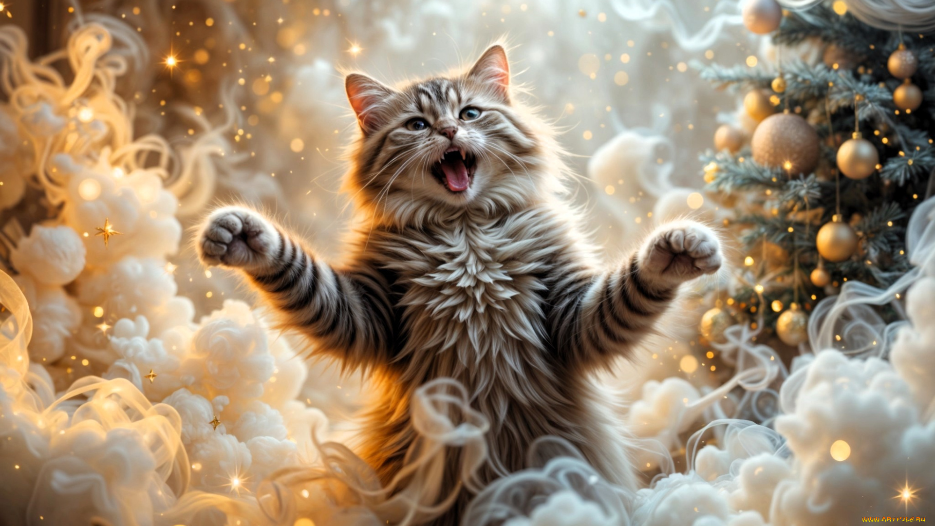 праздничные, 3д, графика, , новый, год, кот, дым, ёлка, украшения