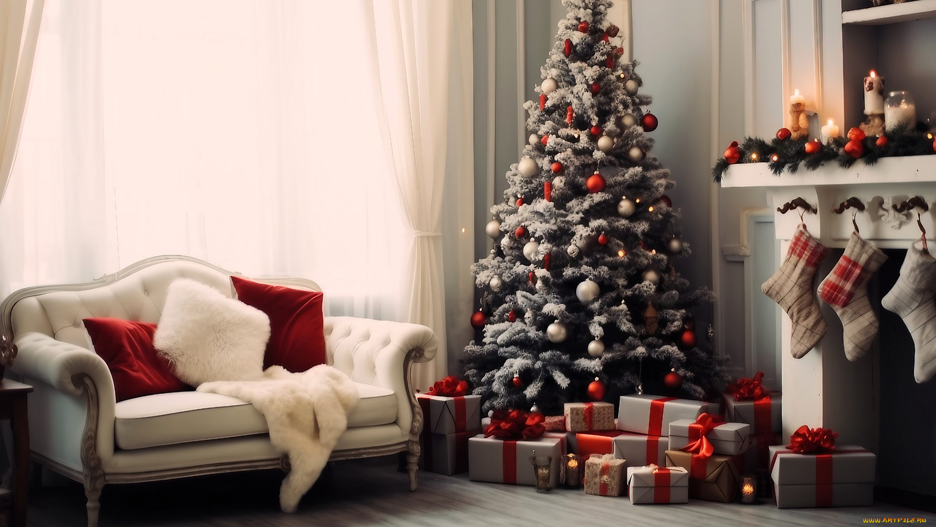 праздничные, ёлки, ёлка, подарки, камин, диван, окно, украшения