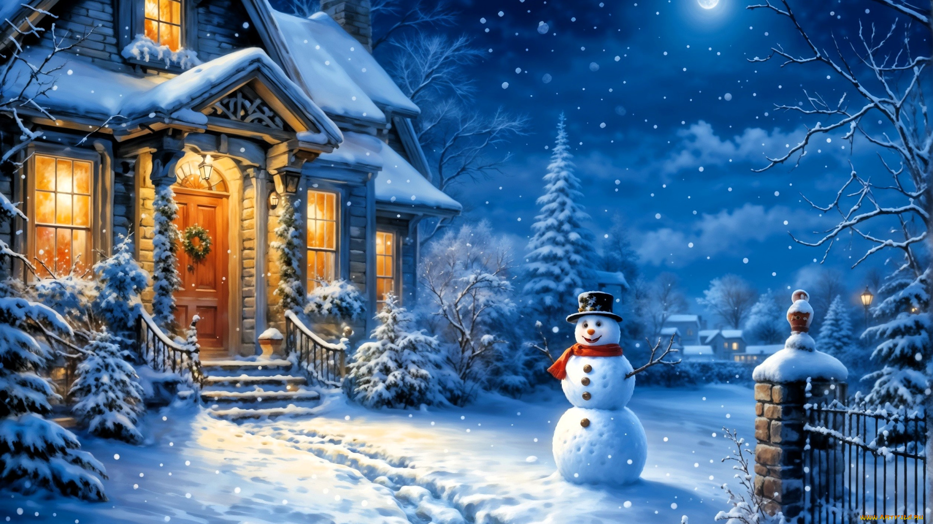 рисованное, праздники, рождество, дом, зима, снег, следы, снеговик, деревья