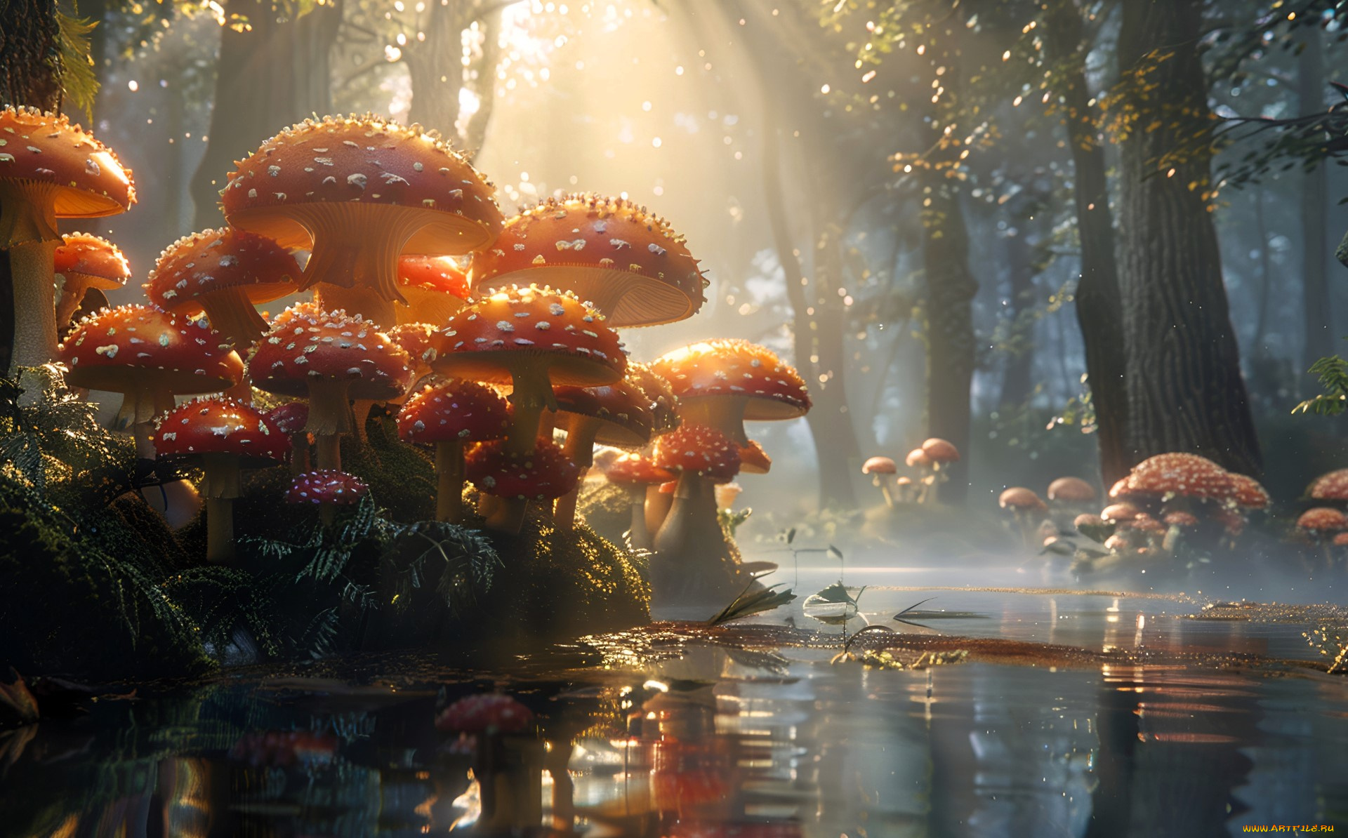 3д, графика, природа, , nature, мухоморы, река, лес, лучи, нейросеть