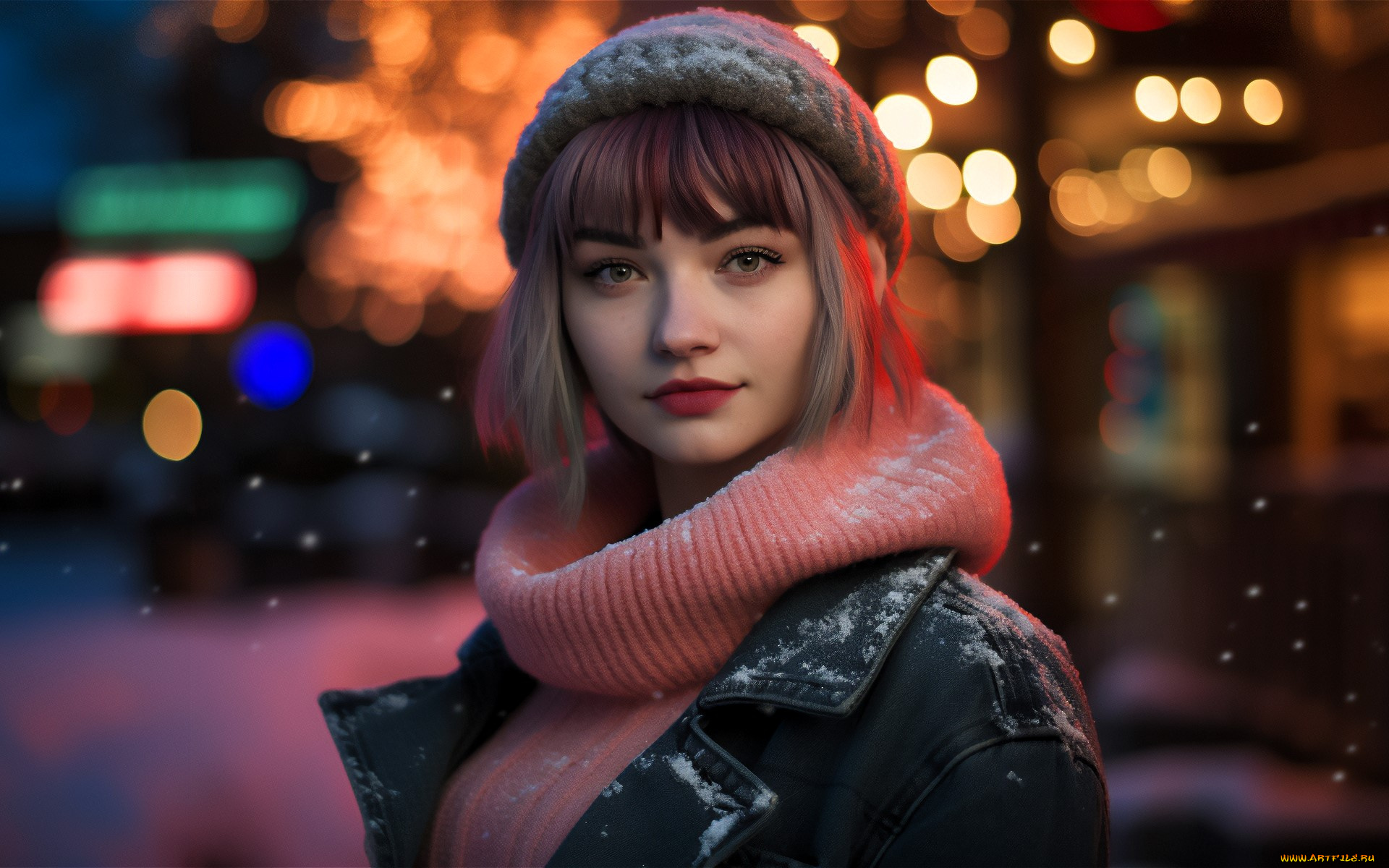 3д, графика, люди, , people, девушка, лицо, шапка, свитер, куртка, снег, огни