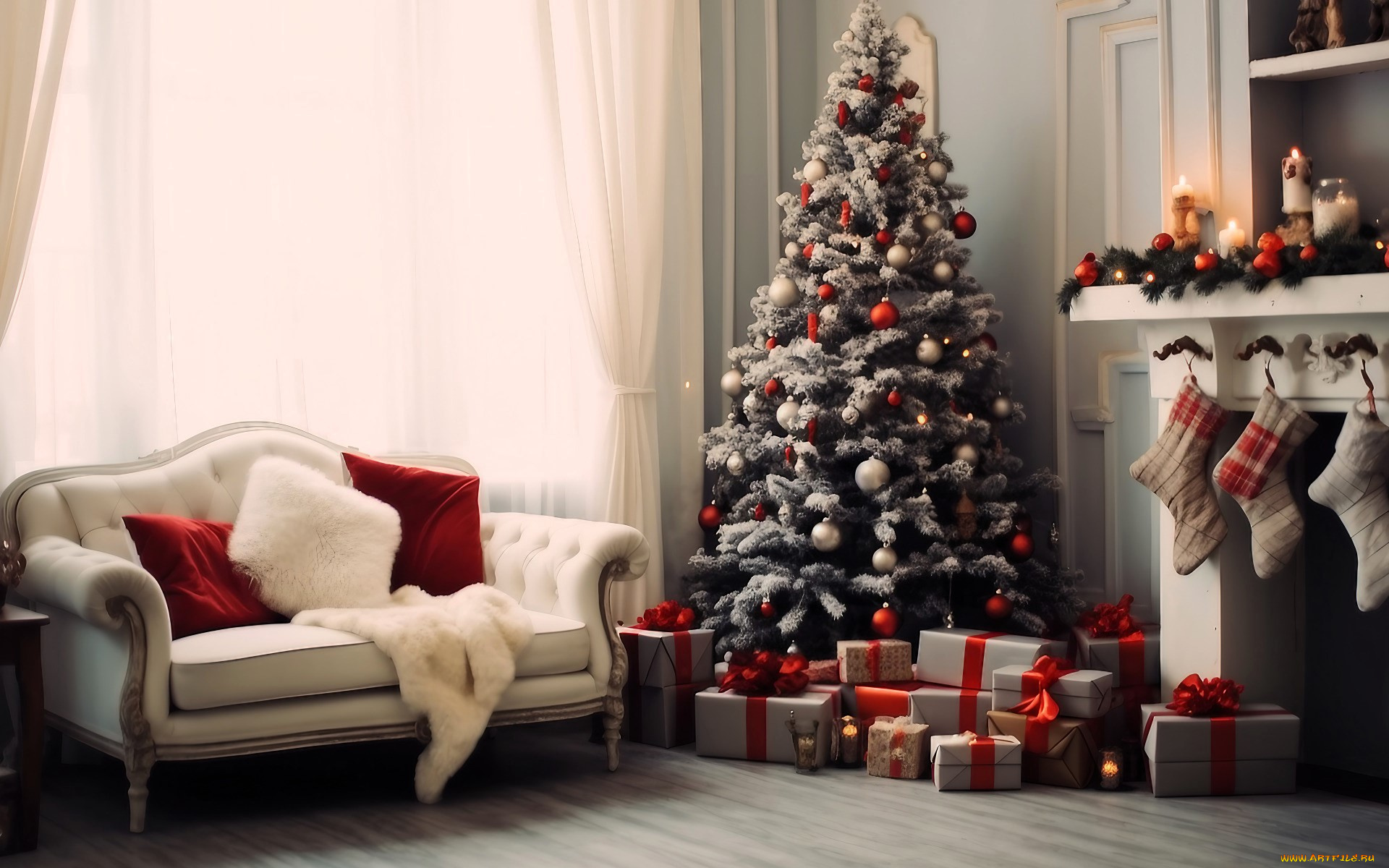 праздничные, ёлки, ёлка, подарки, камин, диван, окно, украшения