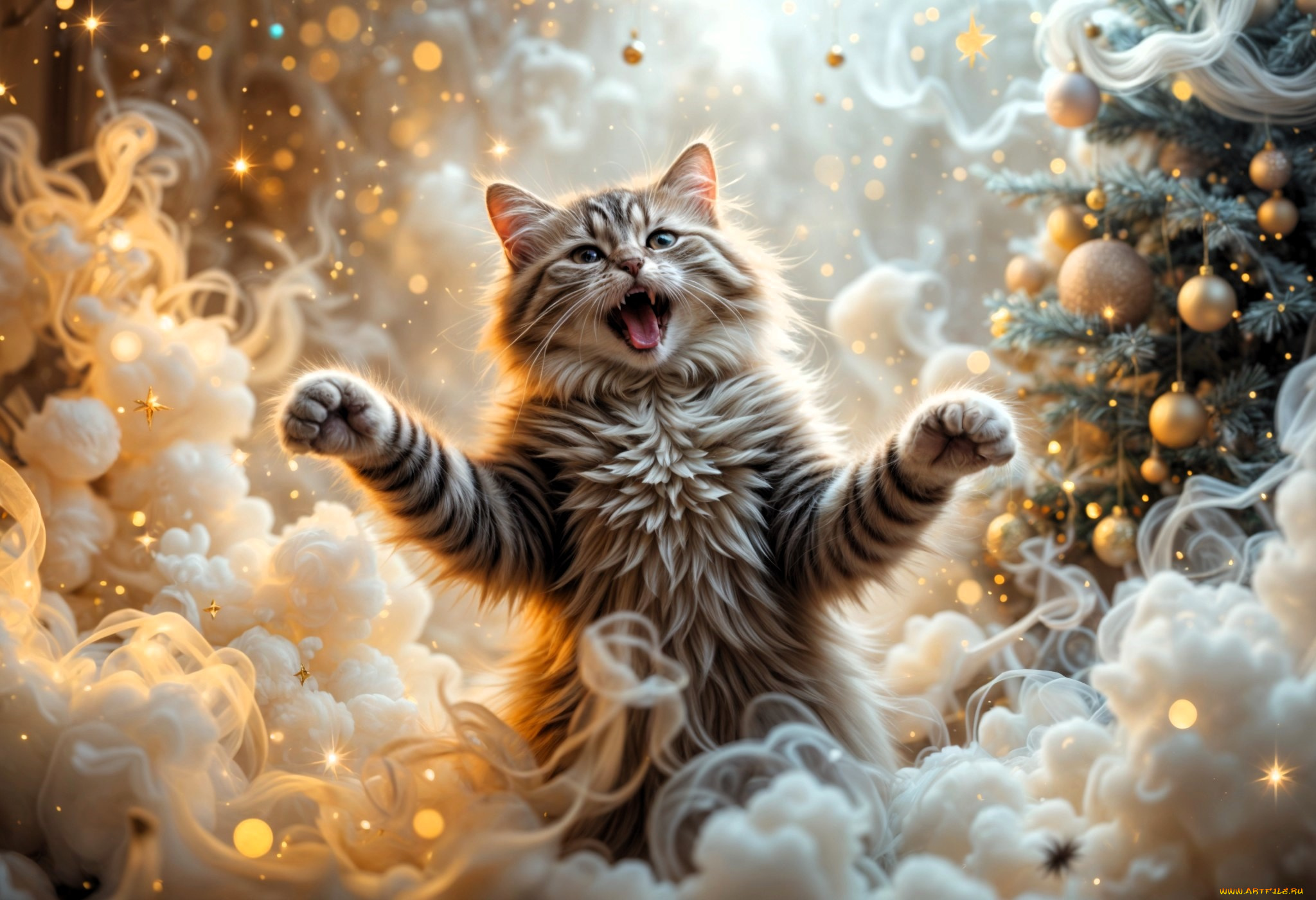 праздничные, 3д, графика, , новый, год, кот, дым, ёлка, украшения